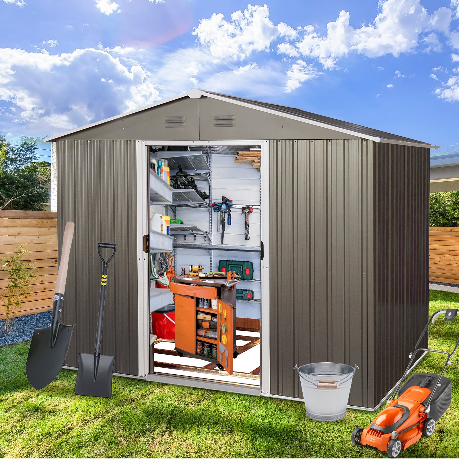 8Ft X 6Ft Outdoor Metal Storage Shed With Floor Base,Gray Sku: W540S00012 Gray Iron