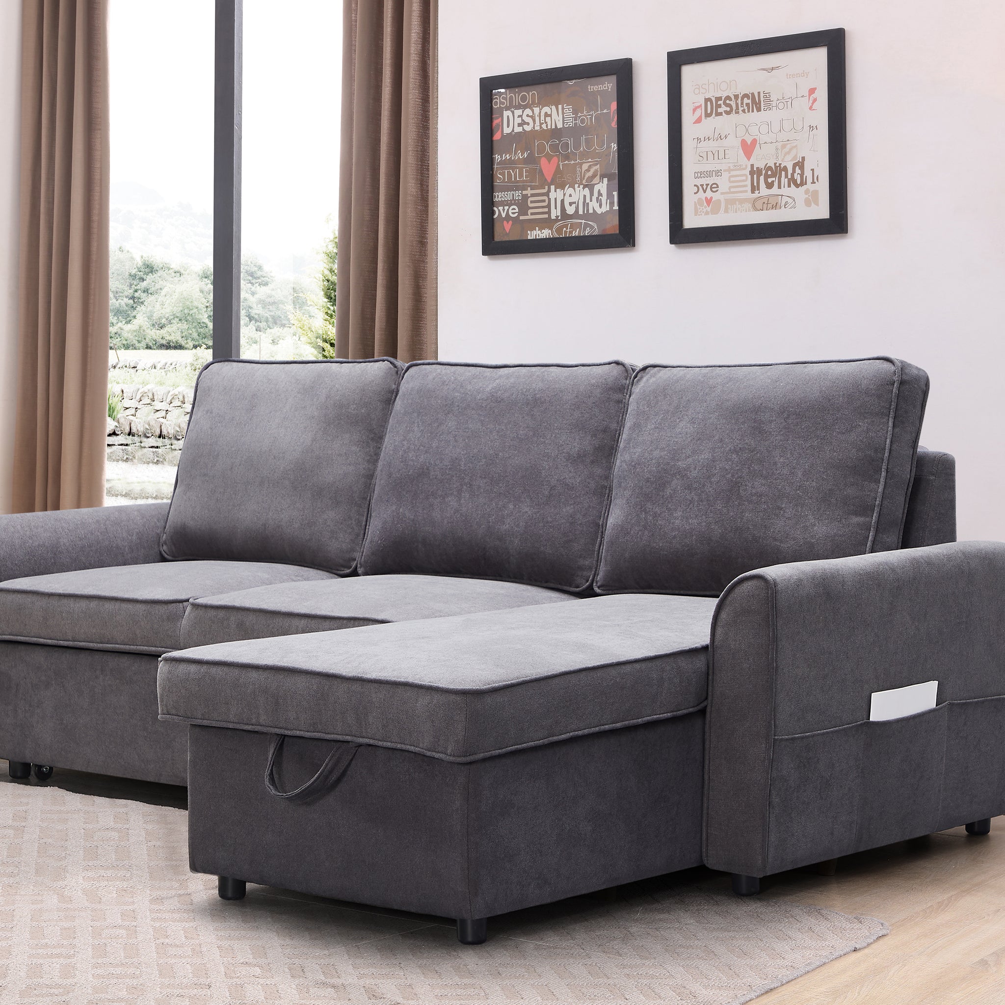 Mgea Modern Modular L Shaped Sofa Bed With Chaise Longue, Reversible Sofa Bed With Pull Out Bed And Storage, 4 Seat Linen Fabric Convertible Sofa For Living Room Dark Grey Gray Foam Fabric