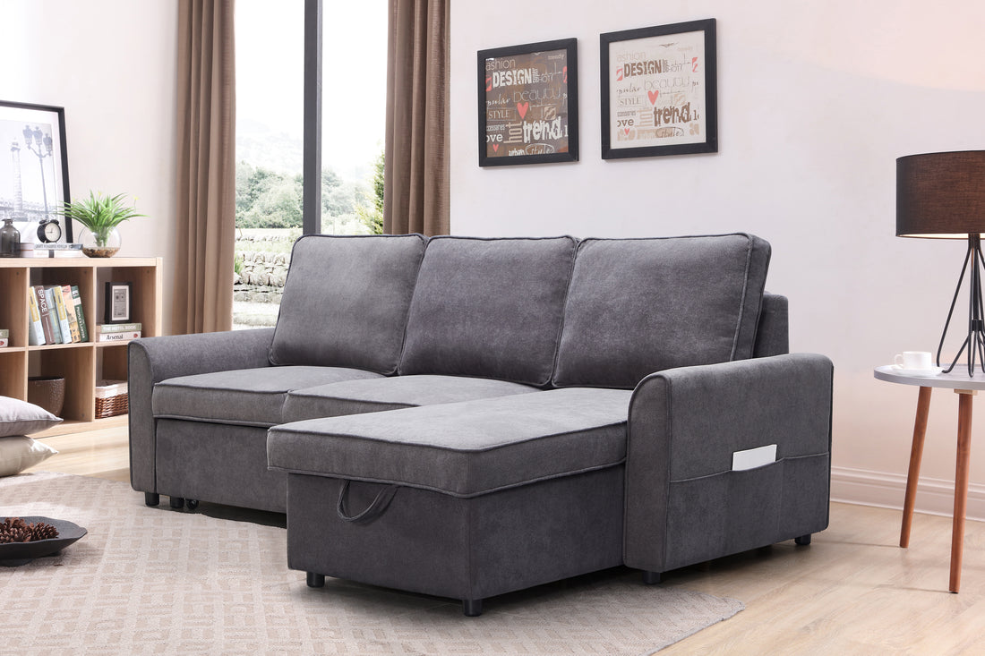 Mgea Modern Modular L Shaped Sofa Bed With Chaise Longue, Reversible Sofa Bed With Pull Out Bed And Storage, 4 Seat Linen Fabric Convertible Sofa For Living Room Dark Grey Gray Foam Fabric