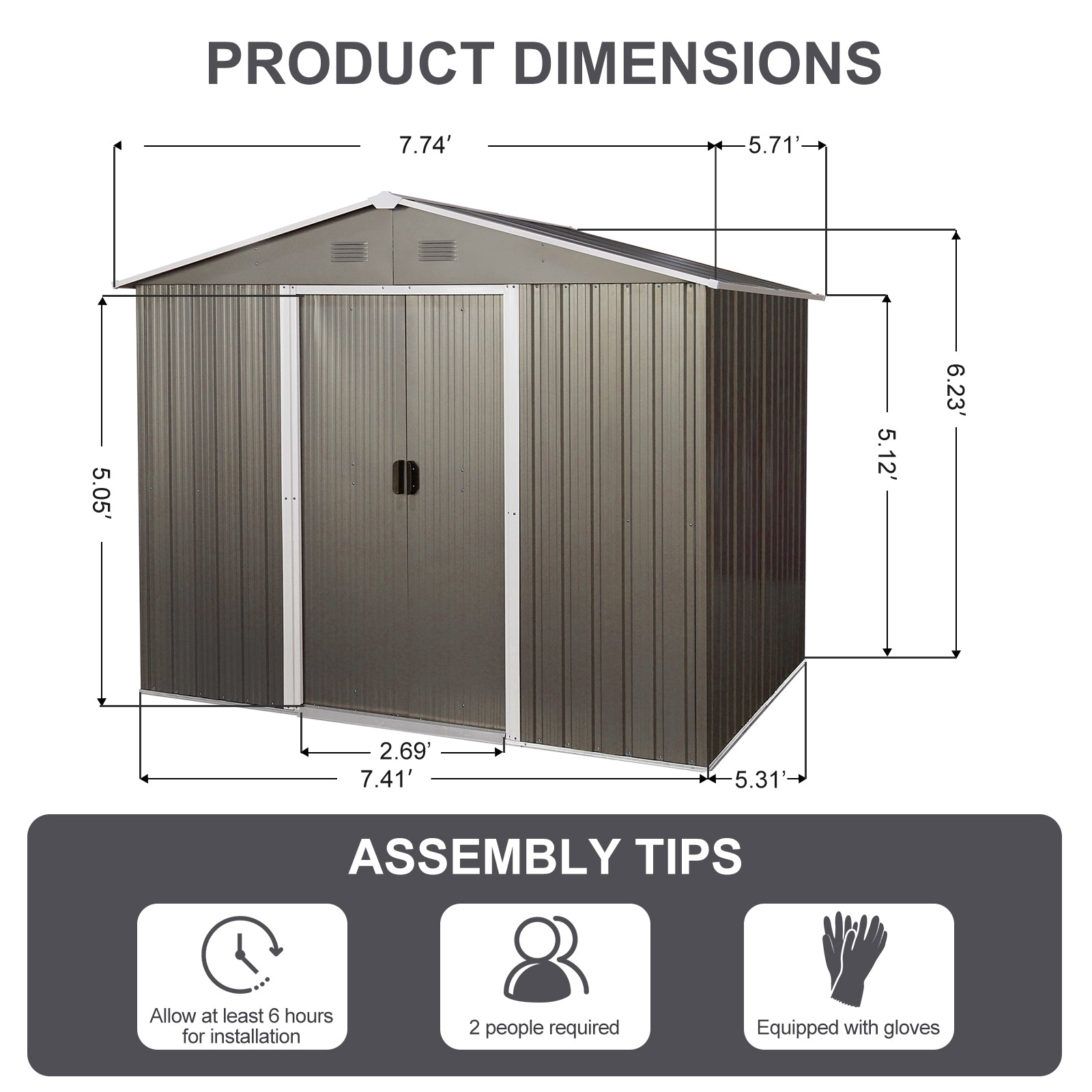 8Ft X 6Ft Outdoor Metal Storage Shed With Floor Base,Gray Sku: W540S00012 Gray Iron