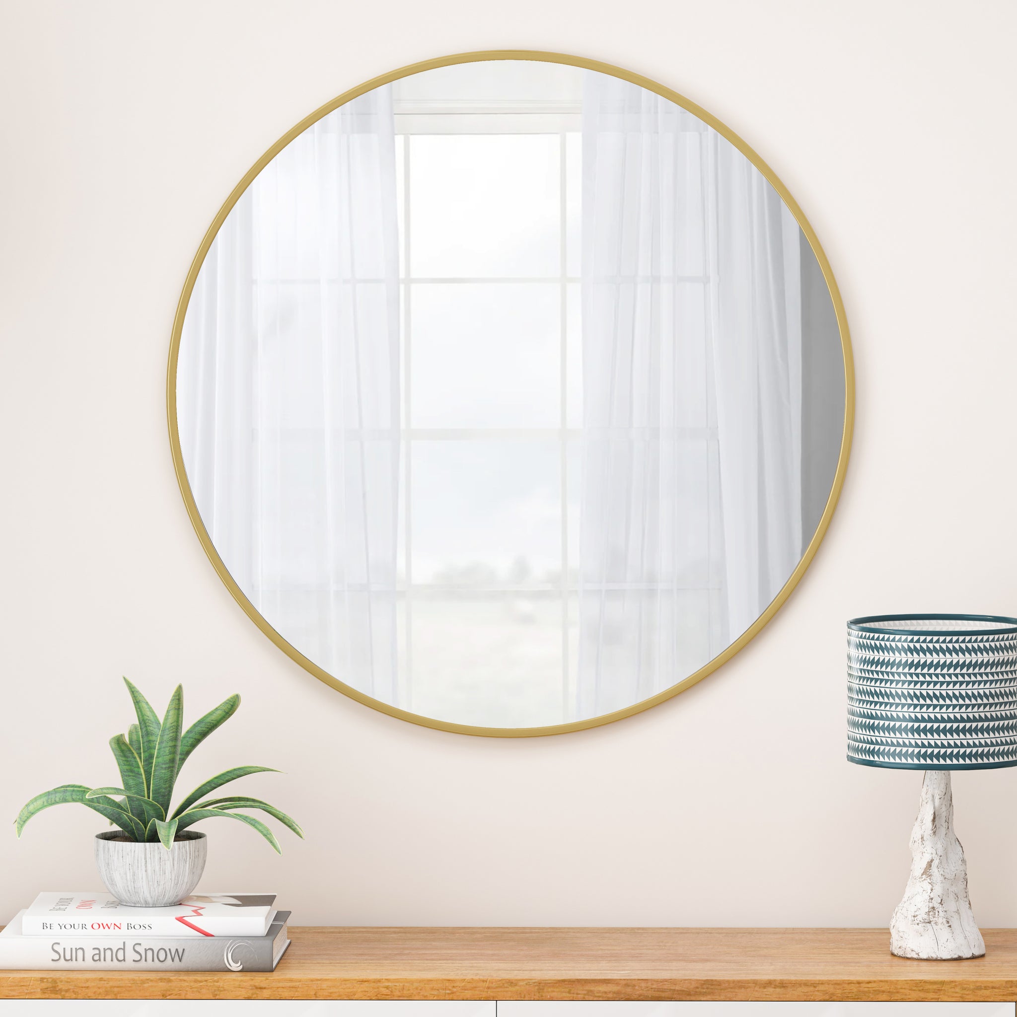 Wall Mirror 36 Inch Gold Circular Mirror Metal Framed Mirror Round Vanity Mirror Dressing Mirror, For Bathroom, Living Room, Bedroom Wall Decor Gold Glass