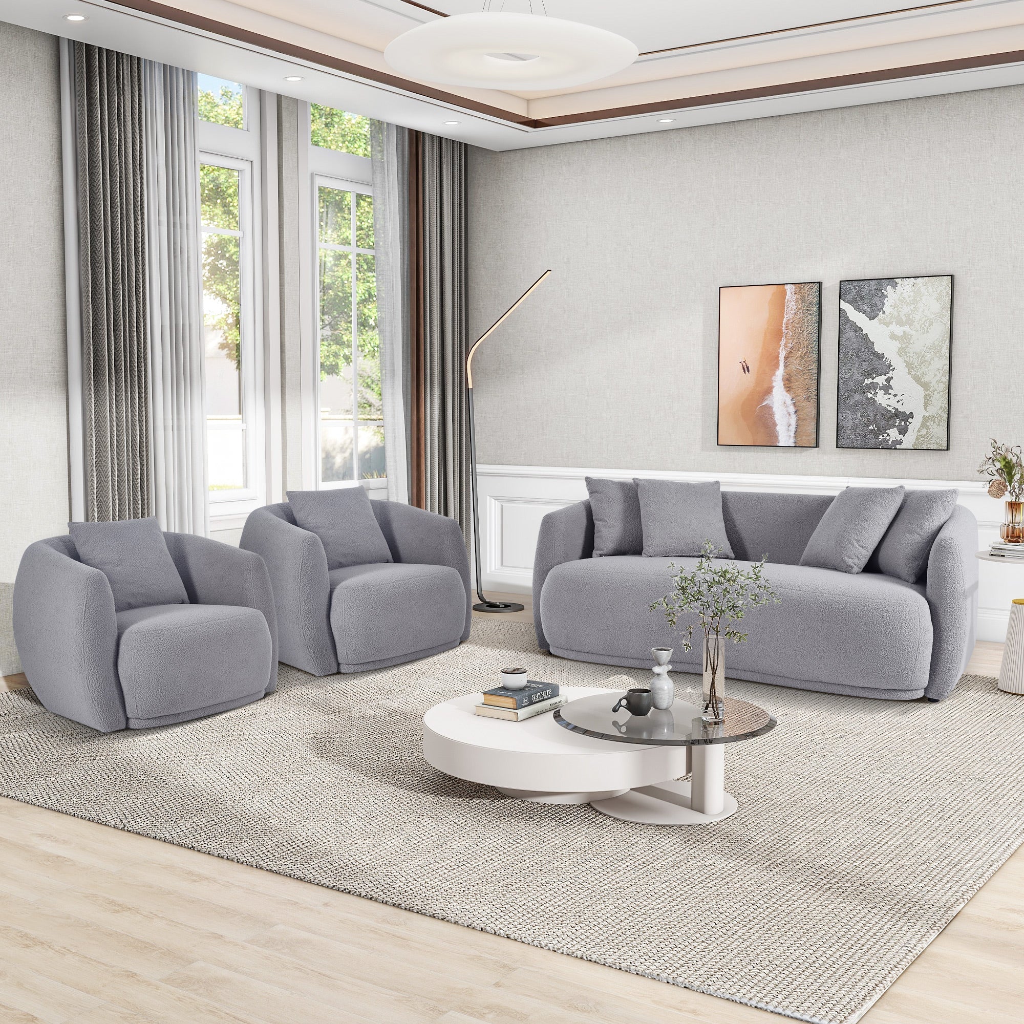 Upholstered Sofa Set,Modern Arm Chair For Living Room And Bedroom,With 5 Pillows Grey Polyester