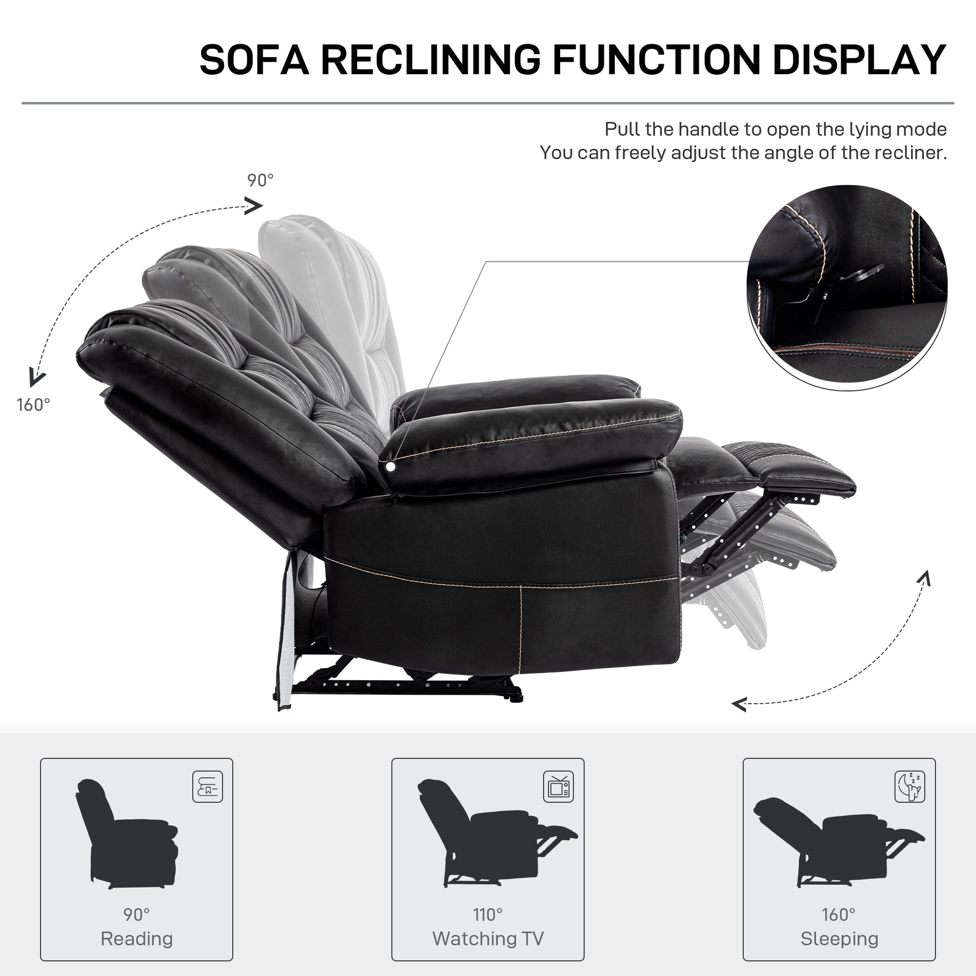 Leather Massage Recliner Chair, Manual Living Room Reclining Sofa Black Faux Leather Manual Handle Metal Primary Living Space Soft Cushion Back Heavy Duty American Traditional,Antique,Classic,Luxury,Mid Century Modern Pillow Top Arms Foam Pu Leather