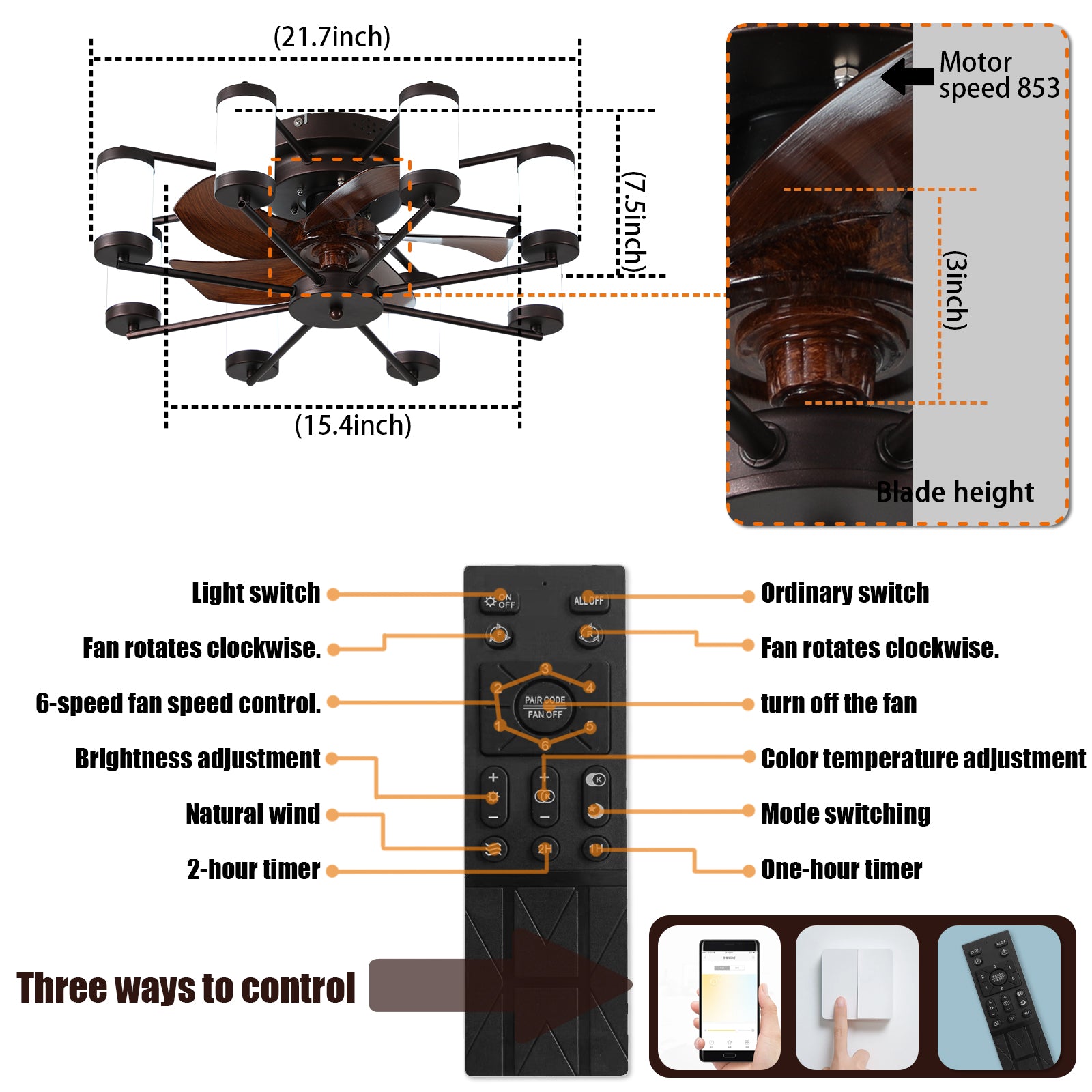 Ceiling Fan 21.7" With Dimmable Light Dc Motor And 6 Speeds Reversible With Remote Control Flush Mount Low Profile Indoor With 5 Blade For Living Room, Bedroom Coffee Abs Iron