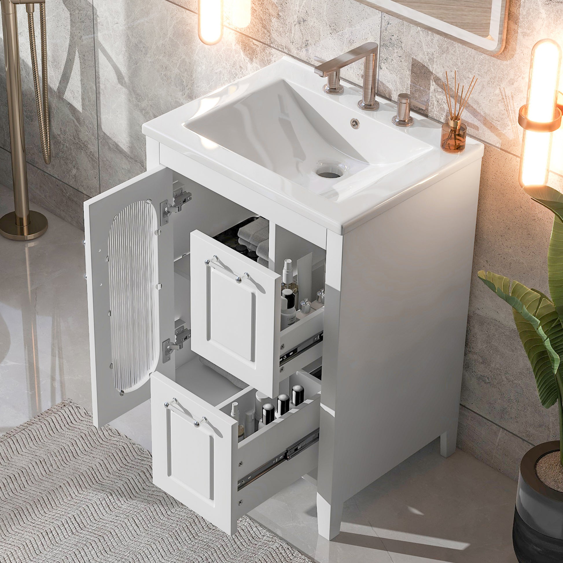 24" Bathroom Vanity With Sink, Bathroom Vanity Cabinet With Two Drawers And Door, Adjustable Shelf, Solid Wood And Mdf, White Old Sku:Wf309411Aak White Solid Wood Mdf