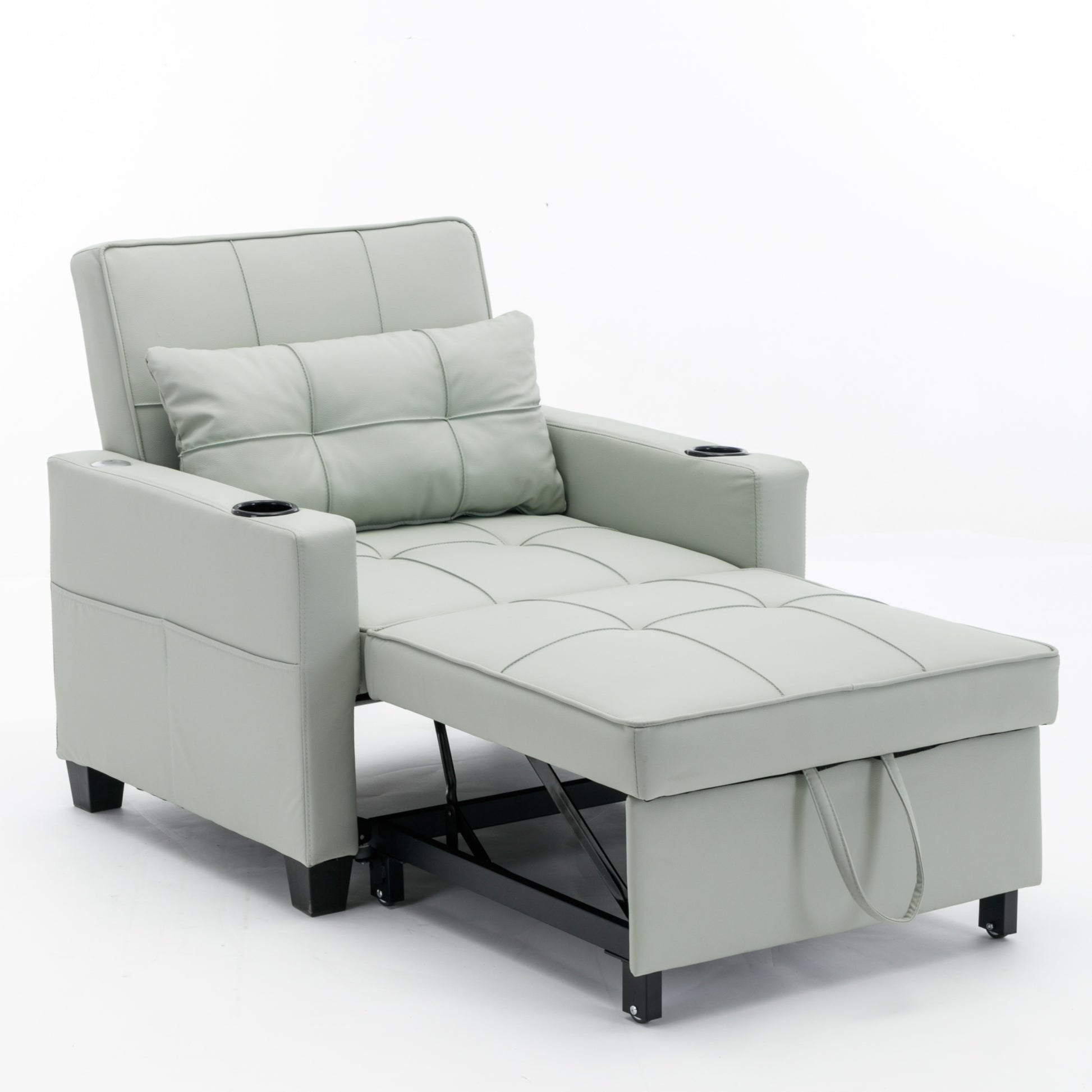 Futon Chair Bed Convertible Chair 3 In 1 Pull Out Sleeper Chair Beds With Usb Ports, Wear Resistant And Anti Scratch, Armchair Bed Sleeper For Living Room Green Leather Green Foam Leather 1 Seat