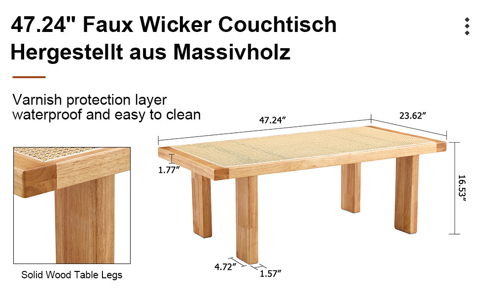 Modern And Minimalist Rectangular Rattan Tabletop With Rubber Wooden Legs, Imitation Rattan Woven Chinese Side Table, Suitable For Small Rectangular Tables In Living Rooms, Dining Rooms, And Bedrooms Natural Wood Solid Wood