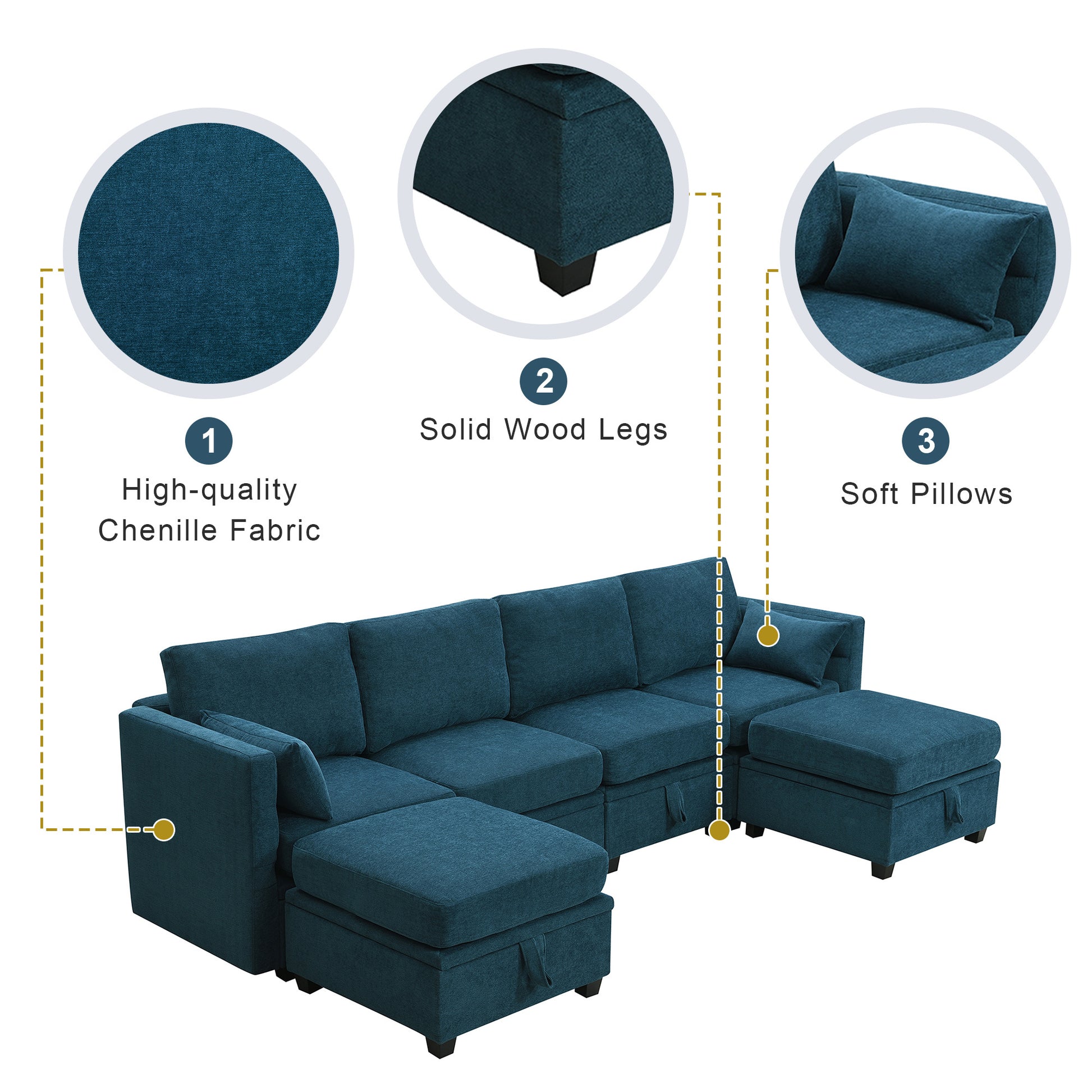 109*54.7" Chenille Modular Sectional Sofa,U Shaped Couch With Adjustable Armrests And Backrests,6 Seat Reversible Sofa Bed With Storage Seats For Living Room, Apartment,2 Colors Blue Chenille 6 Seat