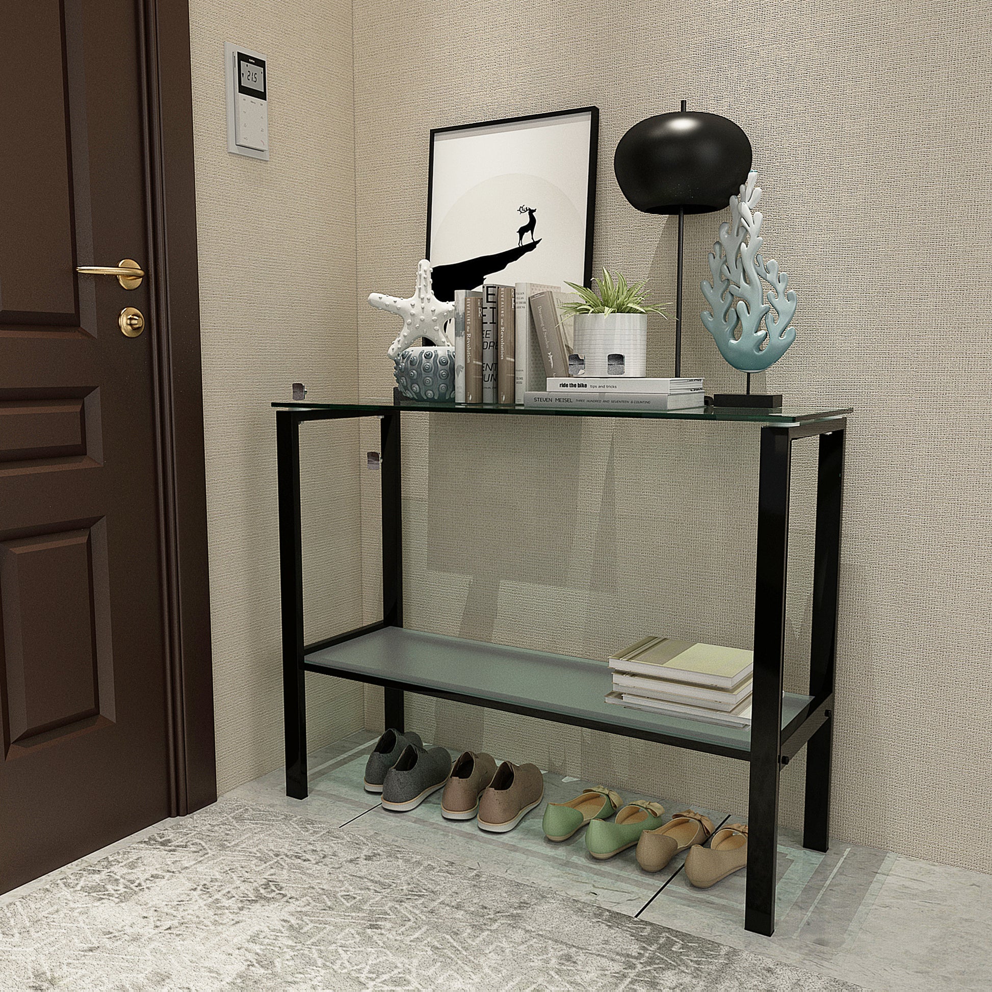 Console Table Double Layer Tempered Glass Rectangular Porch Table Black Leg Double Layer Glass Tea Table Black Glass