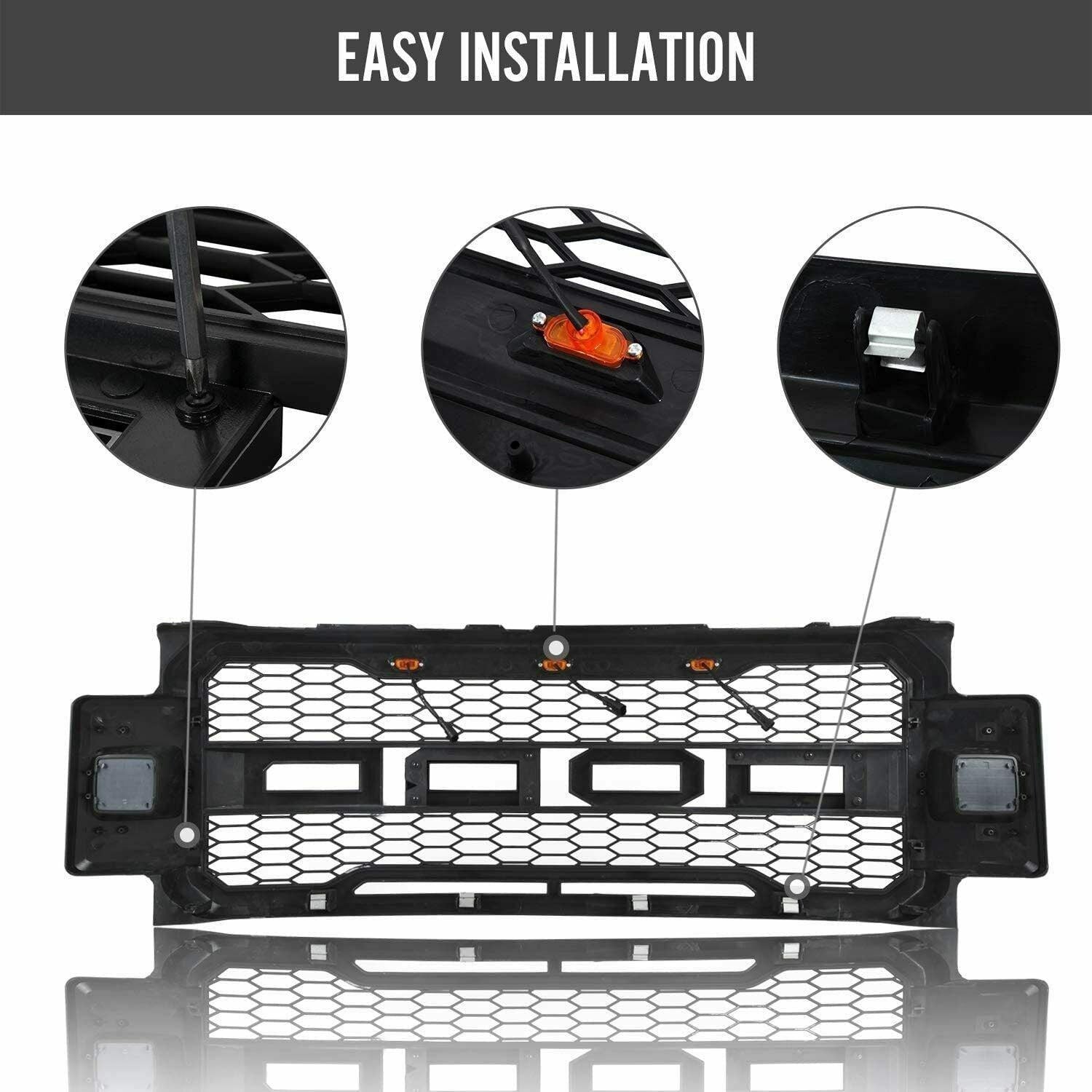 Front Grille For 2017 2018 2019 Ford F250 F350 Super Duty Raptor Grill W Led Lights & Letters Matte Black Matt Black Abs Abs