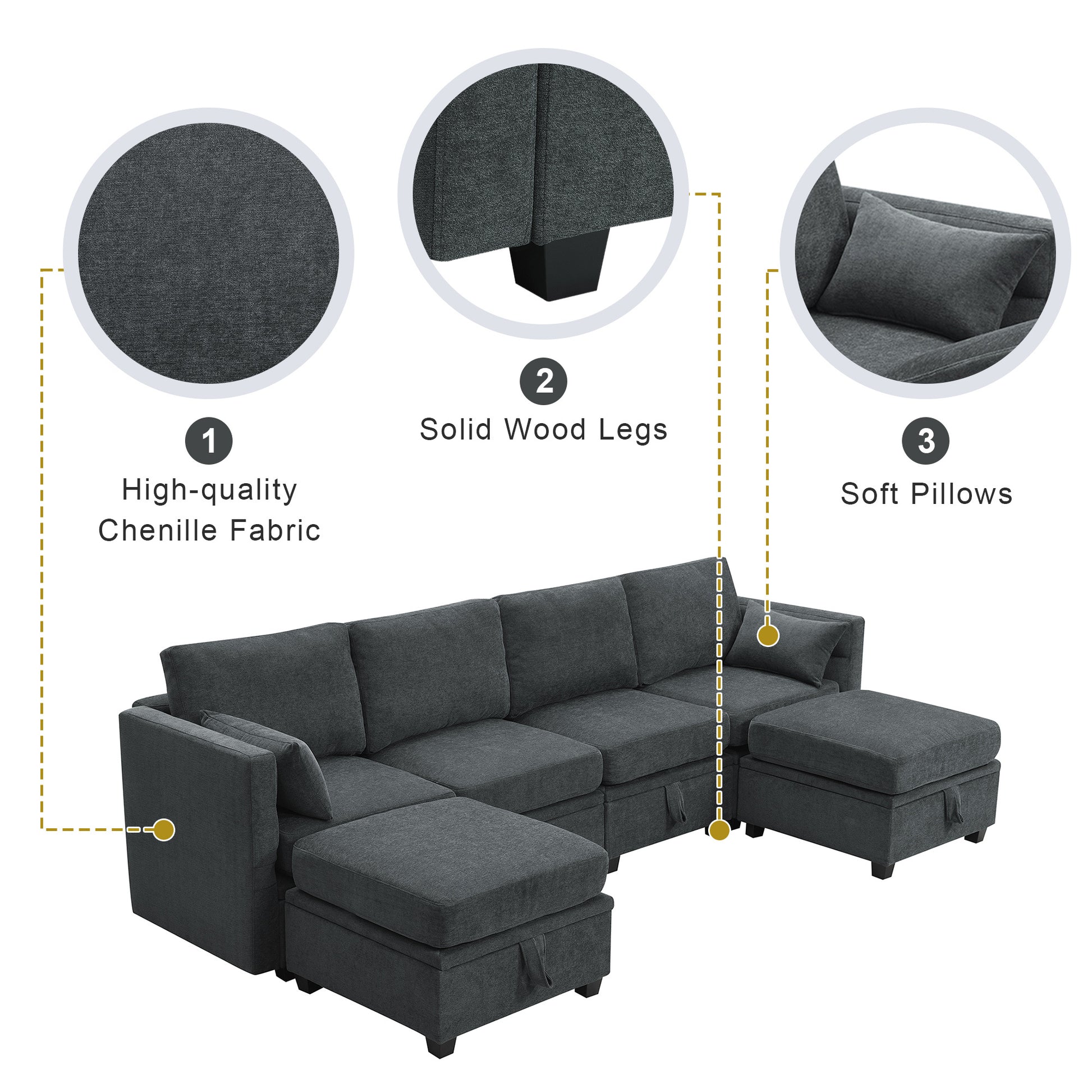 109*54.7" Chenille Modular Sectional Sofa,U Shaped Couch With Adjustable Armrests And Backrests,6 Seat Reversible Sofa Bed With Storage Seats For Living Room, Apartment,2 Colors Grey Chenille 6 Seat