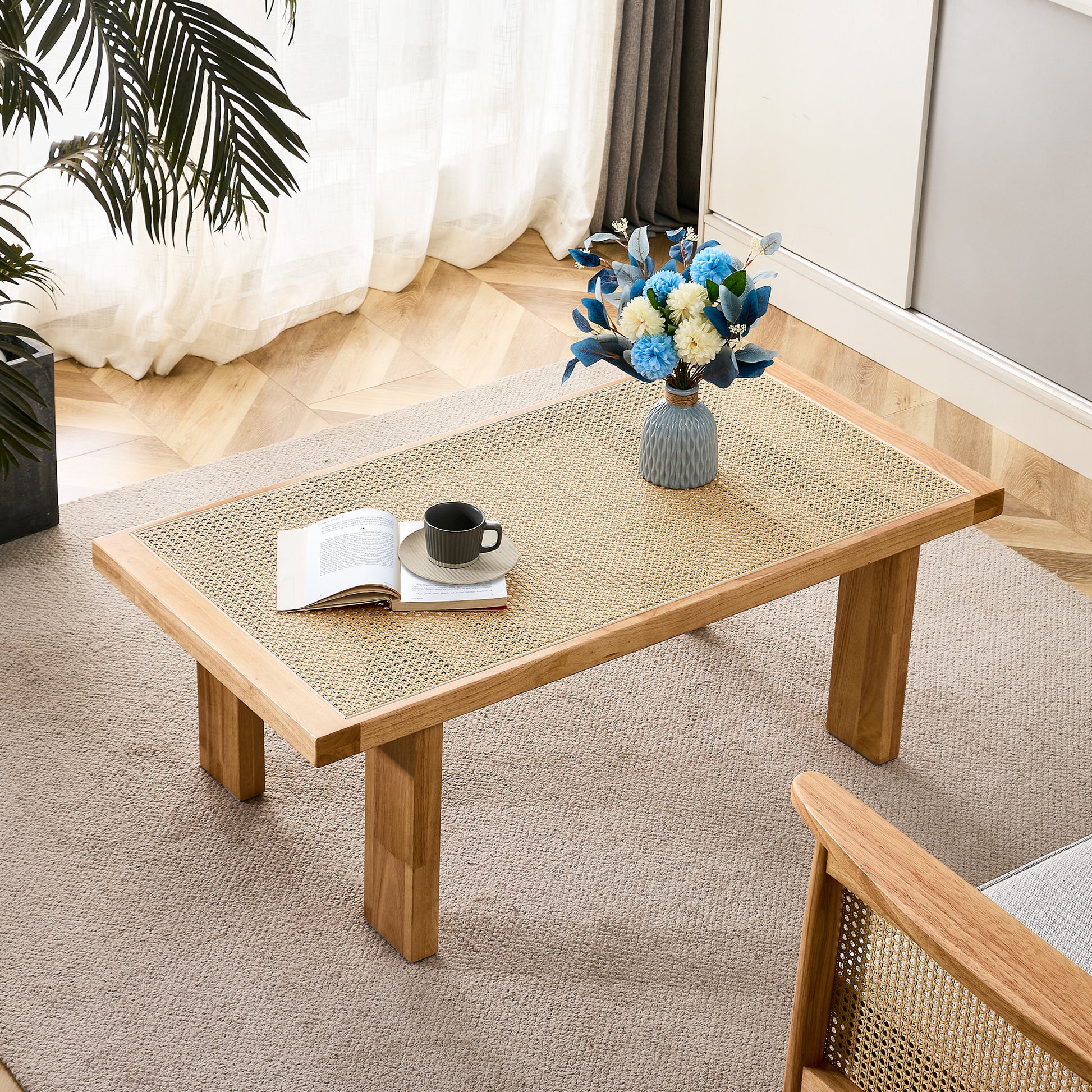 Modern And Minimalist Rectangular Rattan Tabletop With Rubber Wooden Legs, Imitation Rattan Woven Chinese Side Table, Suitable For Small Rectangular Tables In Living Rooms, Dining Rooms, And Bedrooms Natural Wood Solid Wood