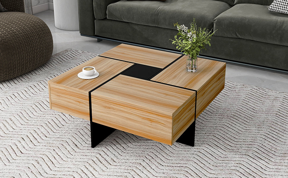 Unique Design Coffee Table With 4 Hidden Storage Compartments, Square Cocktail Table With Extendable Sliding Tabletop, Uv High Gloss Design Center Table For Living Room, 31.5"X 31.5" Brown Soft Close Drawers Primary Living Space Freestanding Square