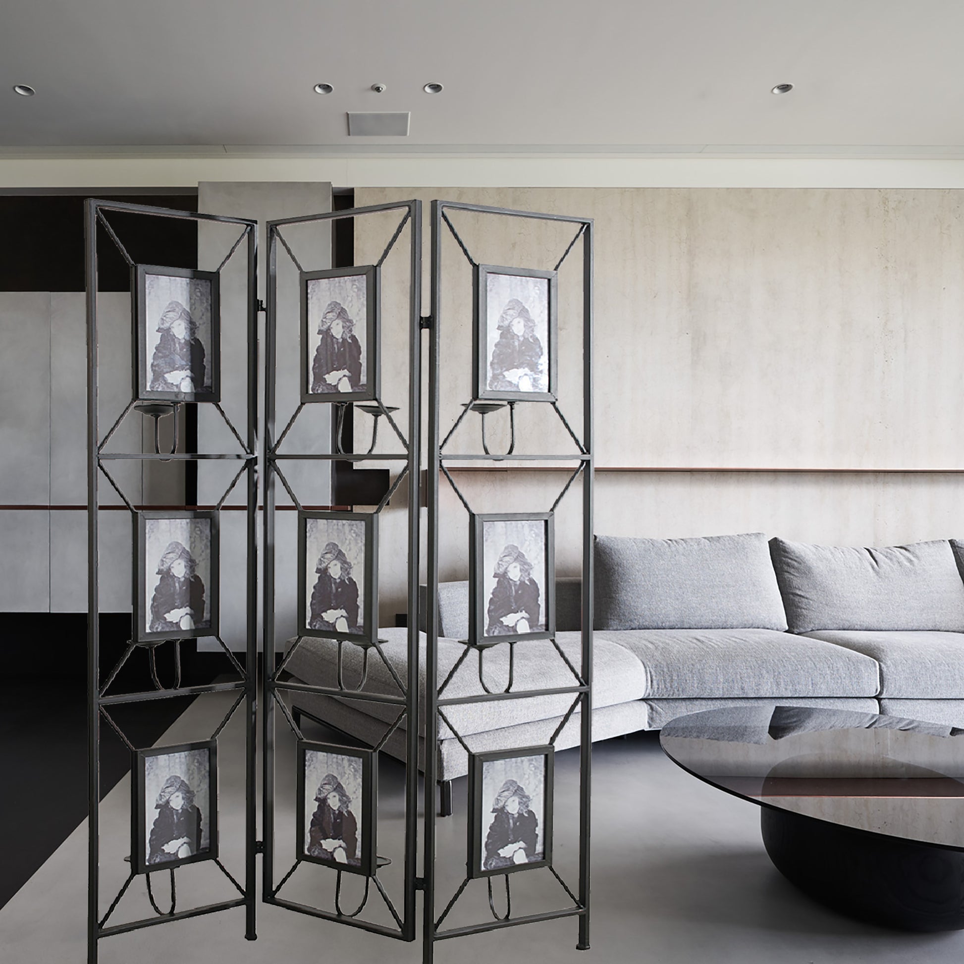 47X71" Room Photo Frames Screen Divider Screens, 3 Panel Decorative Screen With Photo Frames, Antique Mirror, Candle Stick Black Metal