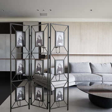 47X71" Room Photo Frames Screen Divider Screens, 3 Panel Decorative Screen With Photo Frames, Antique Mirror, Candle Stick Black Metal
