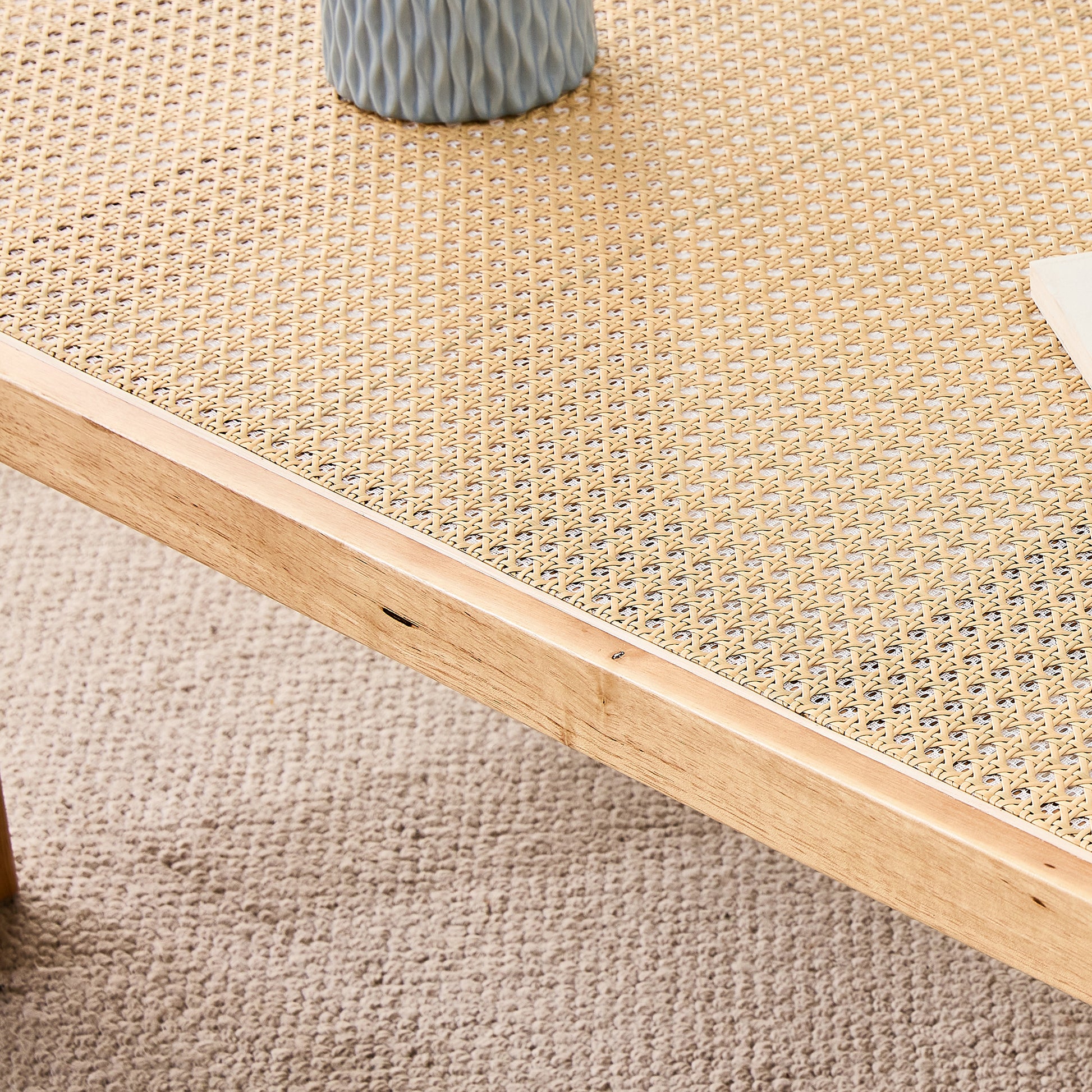 Modern And Minimalist Rectangular Rattan Tabletop With Rubber Wooden Legs, Imitation Rattan Woven Chinese Side Table, Suitable For Small Rectangular Tables In Living Rooms, Dining Rooms, And Bedrooms Natural Wood Solid Wood