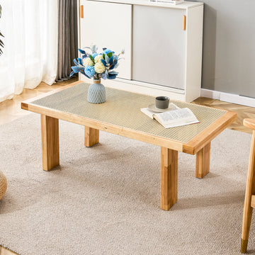 Modern And Minimalist Rectangular Rattan Tabletop With Rubber Wooden Legs, Imitation Rattan Woven Chinese Side Table, Suitable For Small Rectangular Tables In Living Rooms, Dining Rooms, And Bedrooms Natural Wood Solid Wood