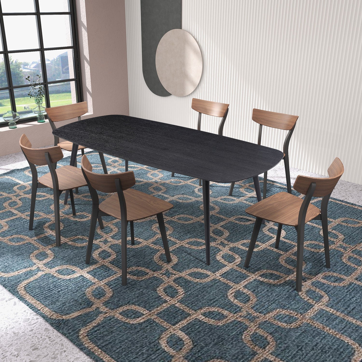 70.87Inch Rectangular Dining Table Black Oak Finished Ash Veneer Top 8 Persons Matt Black Foam Mdf