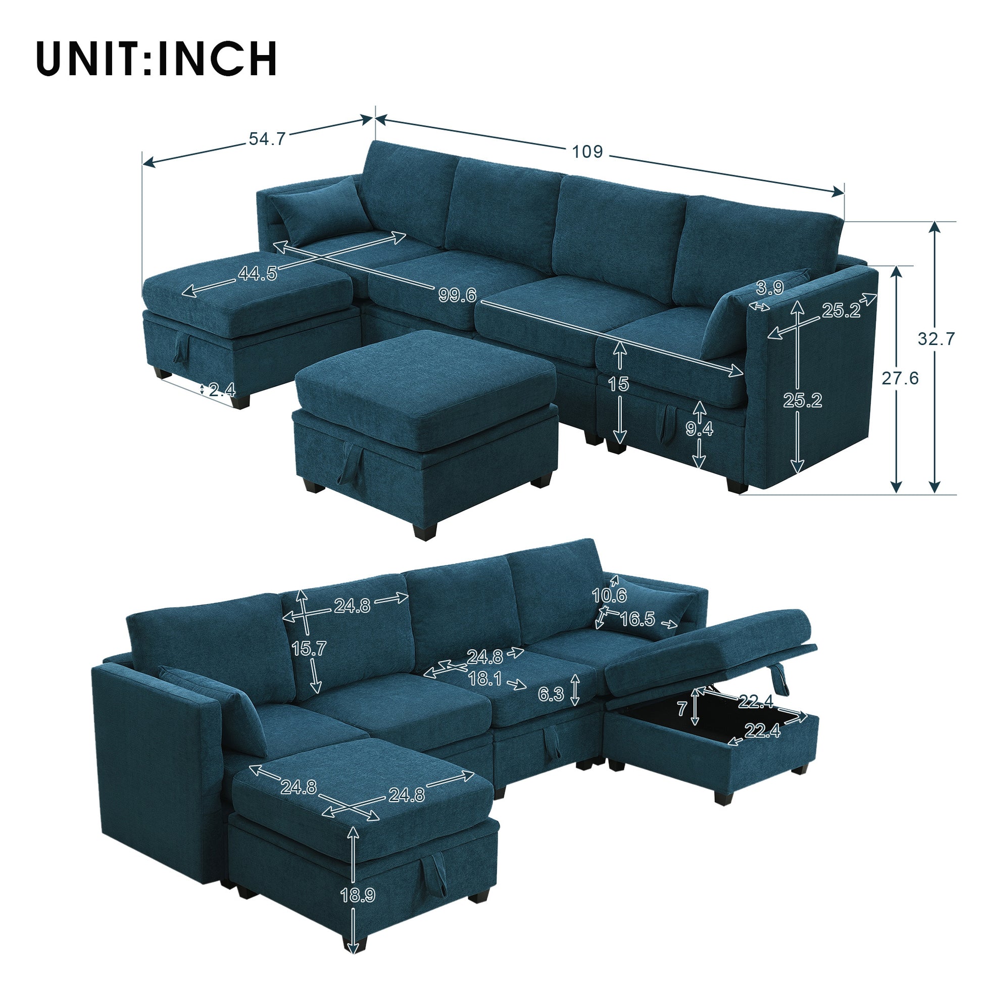 109*54.7" Chenille Modular Sectional Sofa,U Shaped Couch With Adjustable Armrests And Backrests,6 Seat Reversible Sofa Bed With Storage Seats For Living Room, Apartment,2 Colors Blue Chenille 6 Seat