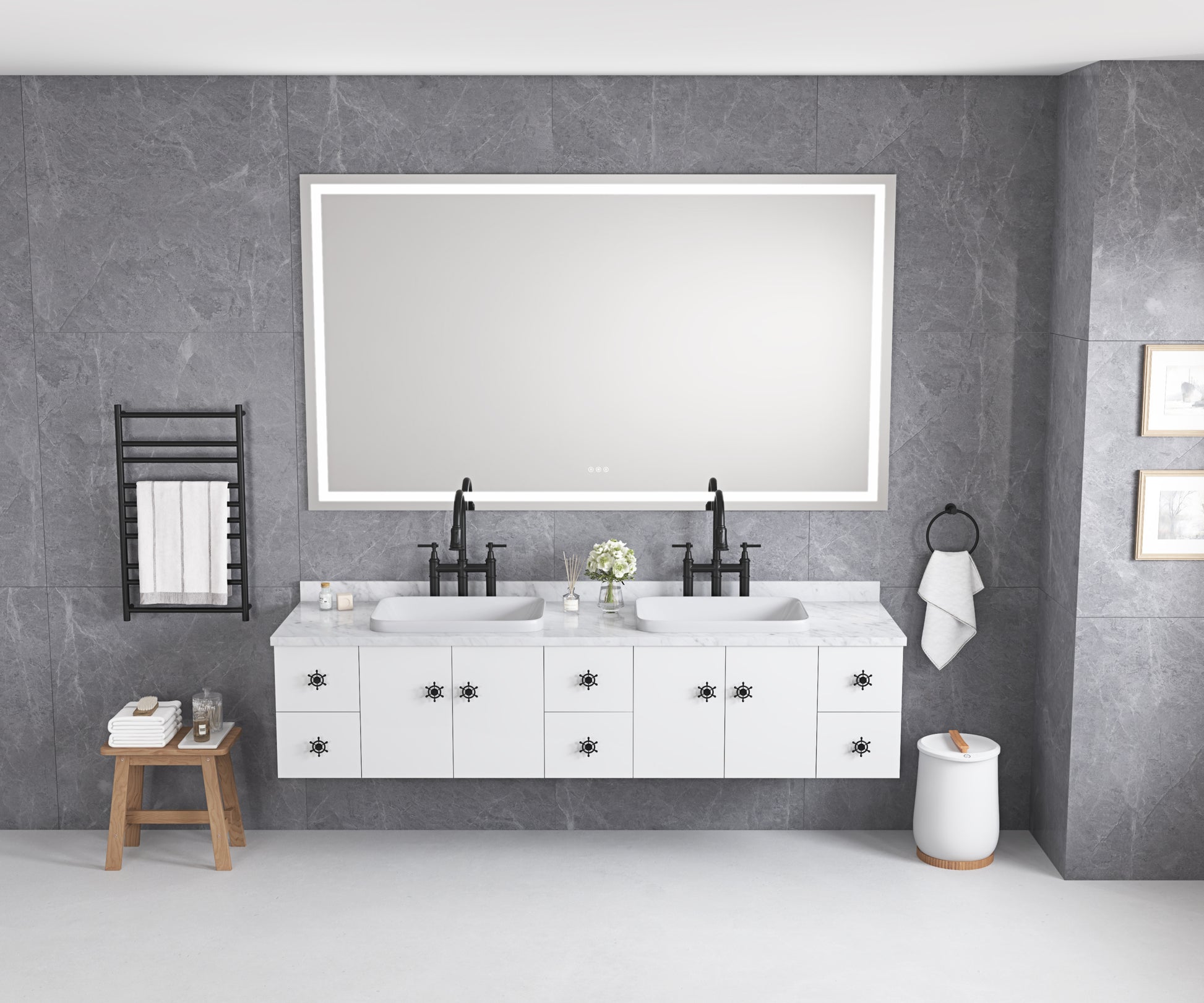 Bathroom Led Mirror Is Multi Functional And Each Function Is Controlled By A Smart Touch Button. White Aluminium