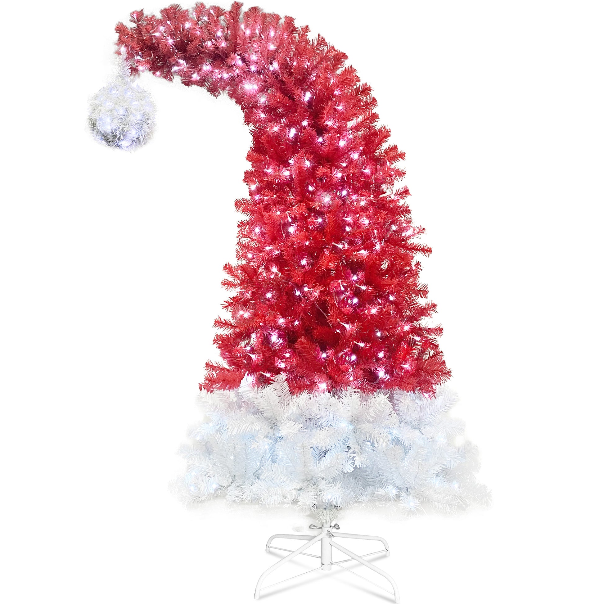 6Ft Hinged Fir Artificial Fir Bent Top Christmas Tree, Xmas Tree Bendable Santa Hat Style Christmas Tree Holiday Decoration,1250 Lush Branch Tips, 300 Led Lights X Mas Red Pvc