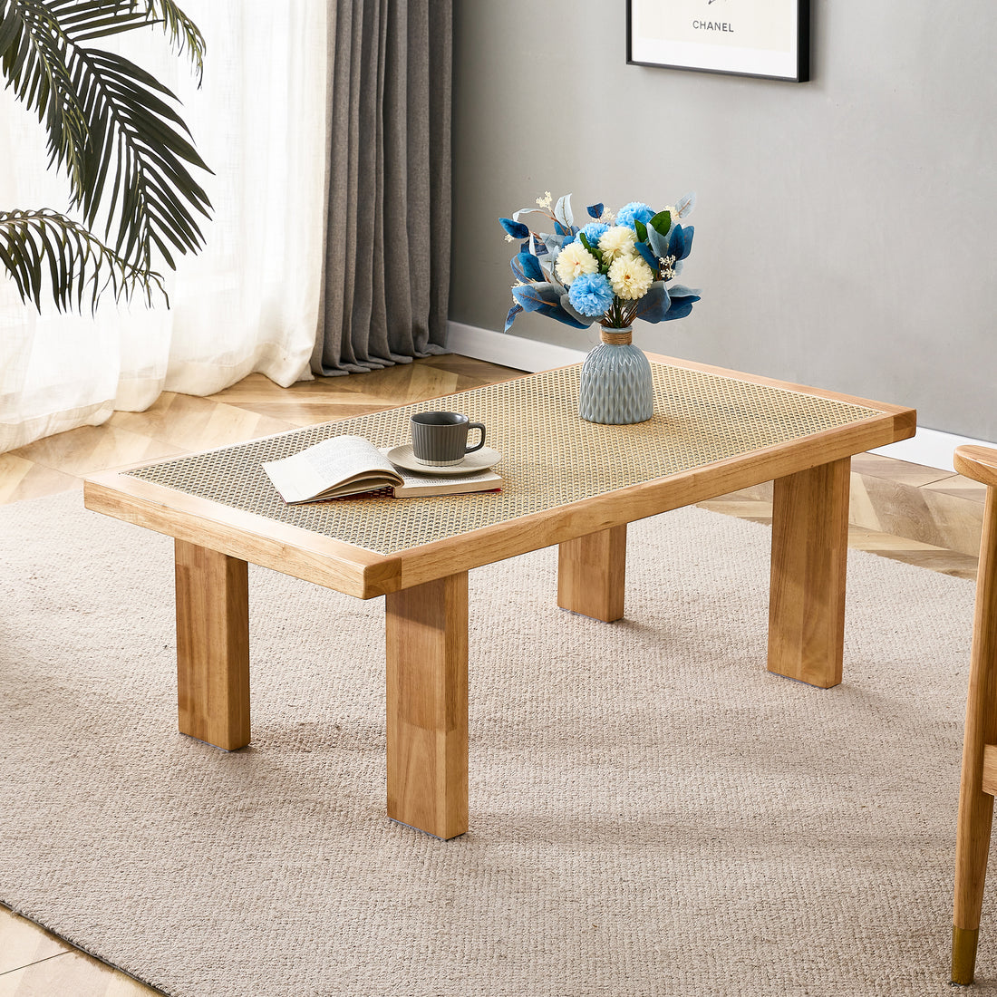 Modern And Minimalist Rectangular Rattan Tabletop With Rubber Wooden Legs, Imitation Rattan Woven Chinese Side Table, Suitable For Small Rectangular Tables In Living Rooms, Dining Rooms, And Bedrooms Natural Wood Solid Wood