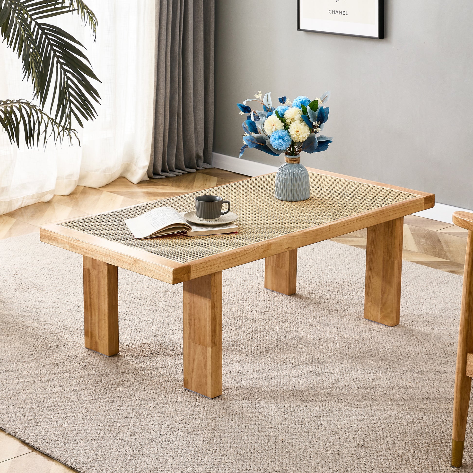Modern And Minimalist Rectangular Rattan Tabletop With Rubber Wooden Legs, Imitation Rattan Woven Chinese Side Table, Suitable For Small Rectangular Tables In Living Rooms, Dining Rooms, And Bedrooms Natural Wood Solid Wood