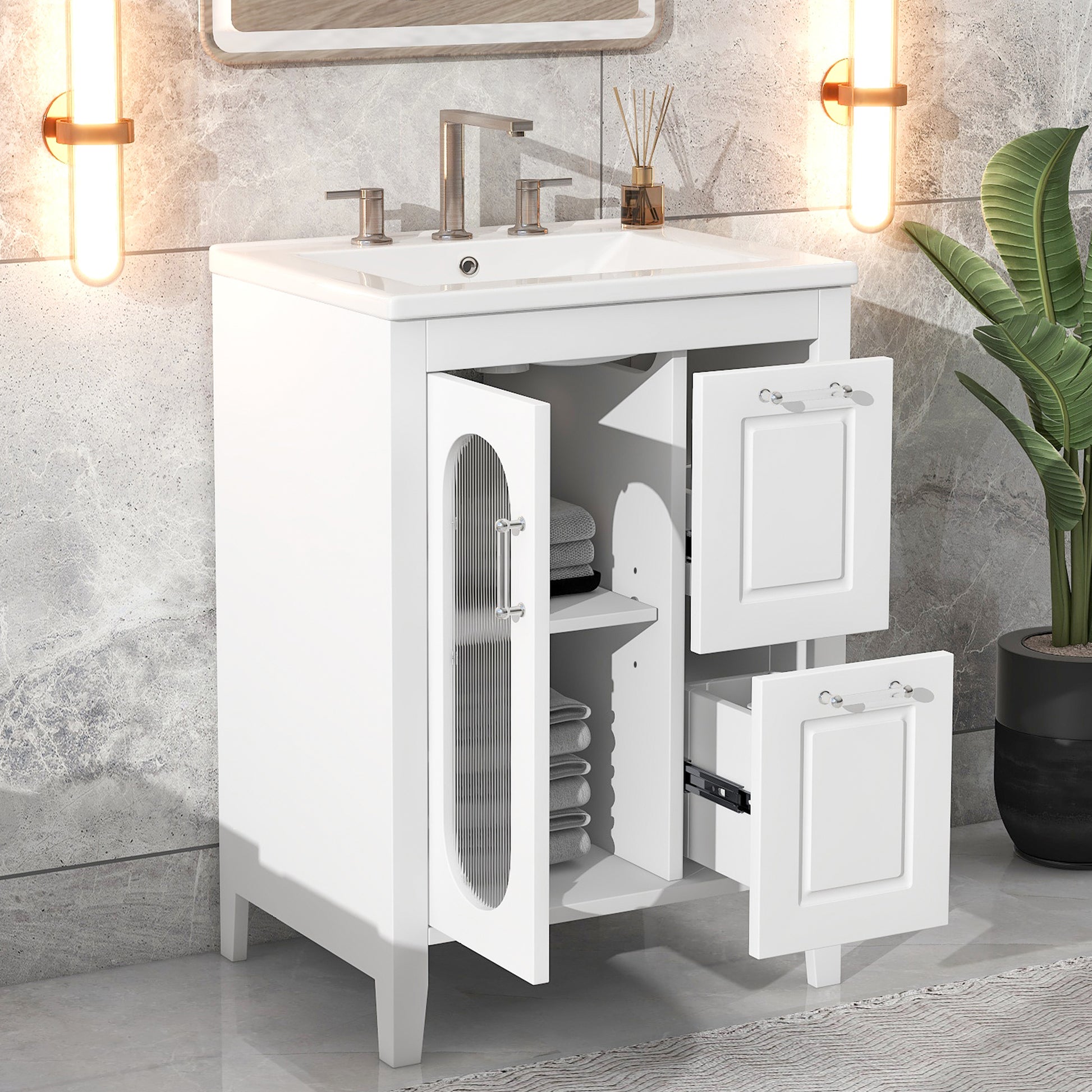 24" Bathroom Vanity With Sink, Bathroom Vanity Cabinet With Two Drawers And Door, Adjustable Shelf, Solid Wood And Mdf, White Old Sku:Wf309411Aak White Solid Wood Mdf