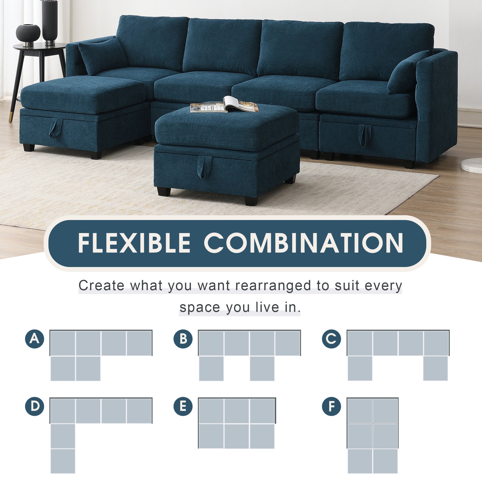 109*54.7" Chenille Modular Sectional Sofa,U Shaped Couch With Adjustable Armrests And Backrests,6 Seat Reversible Sofa Bed With Storage Seats For Living Room, Apartment,2 Colors Blue Chenille 6 Seat