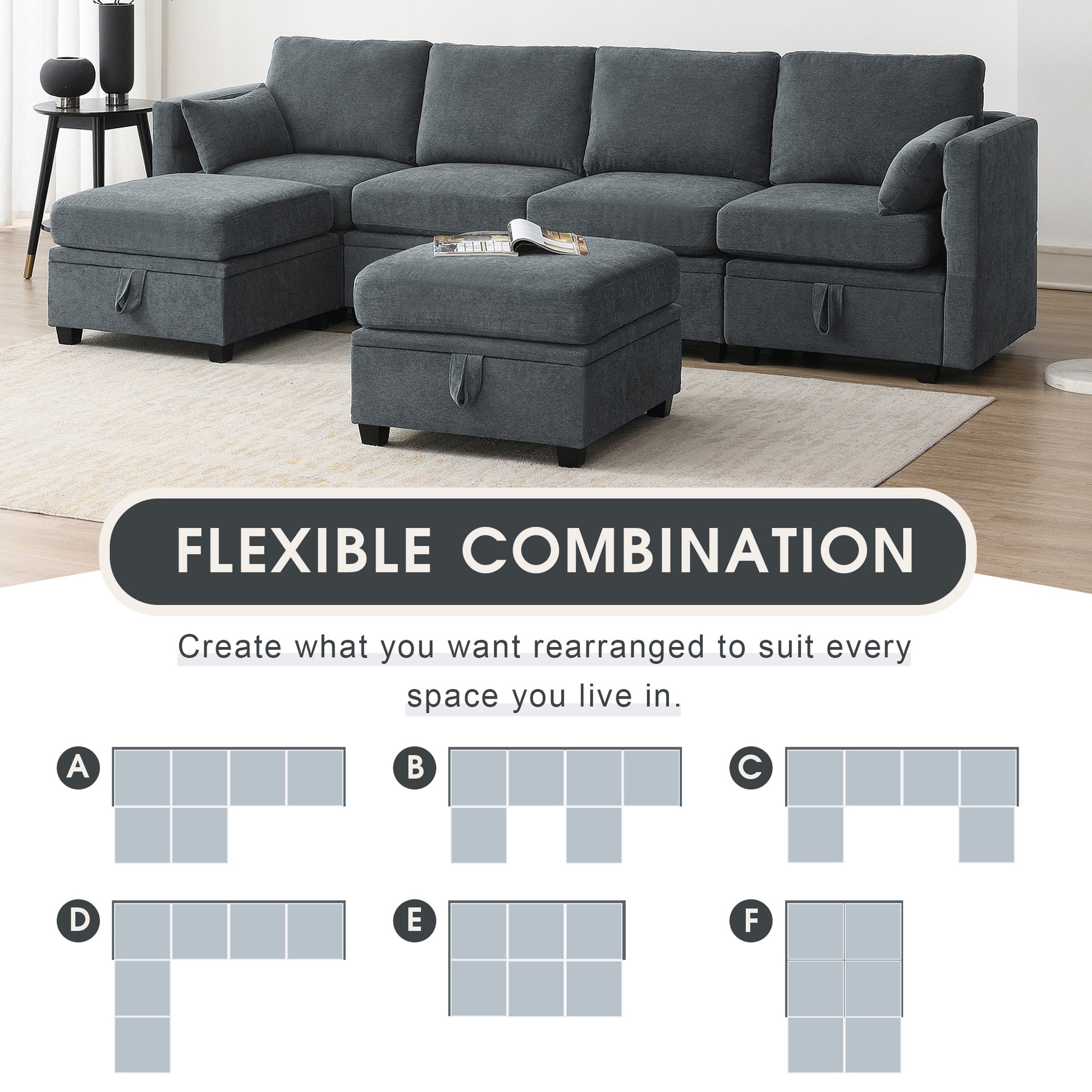 109*54.7" Chenille Modular Sectional Sofa,U Shaped Couch With Adjustable Armrests And Backrests,6 Seat Reversible Sofa Bed With Storage Seats For Living Room, Apartment,2 Colors Grey Chenille 6 Seat