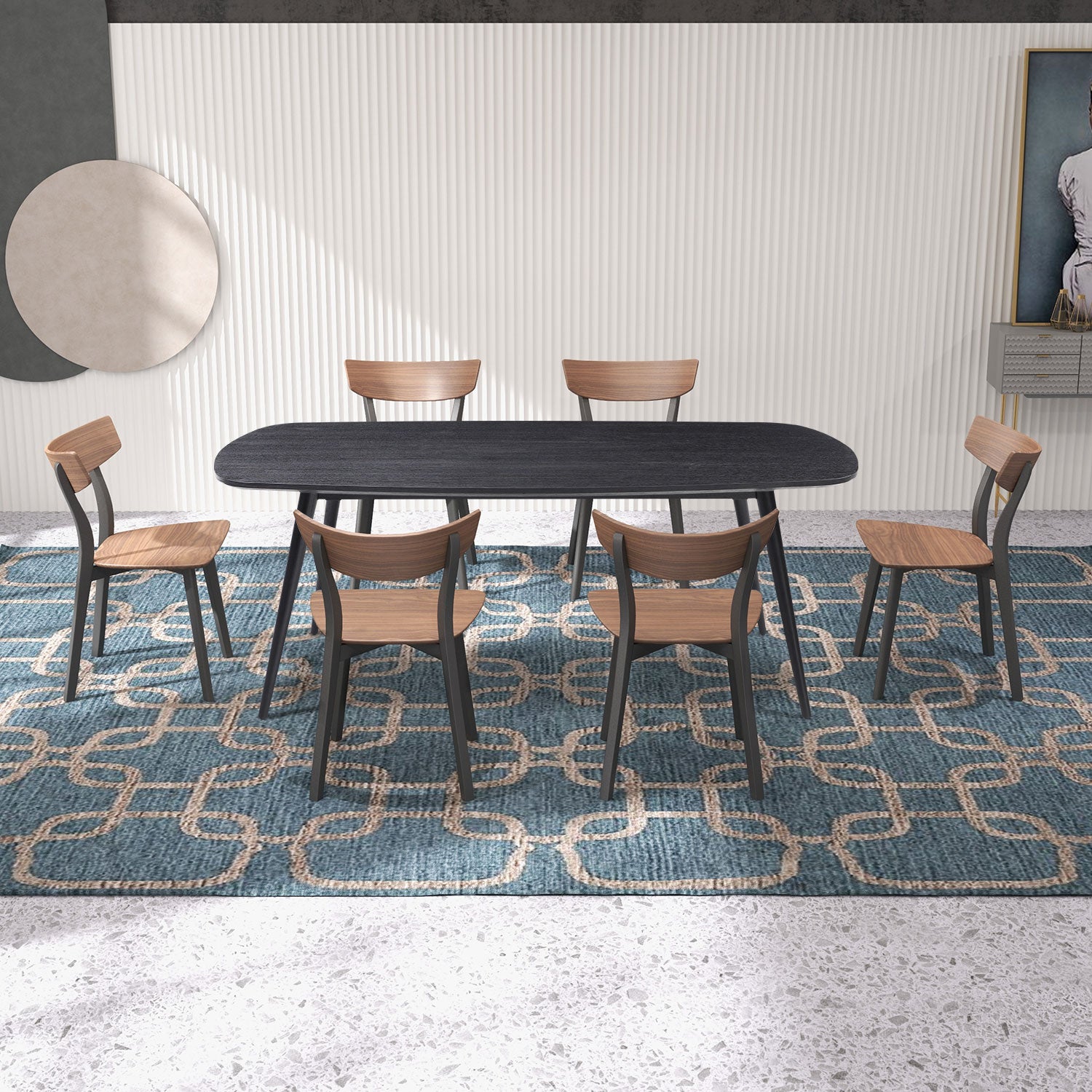 70.87Inch Rectangular Dining Table Black Oak Finished Ash Veneer Top 8 Persons Matt Black Foam Mdf