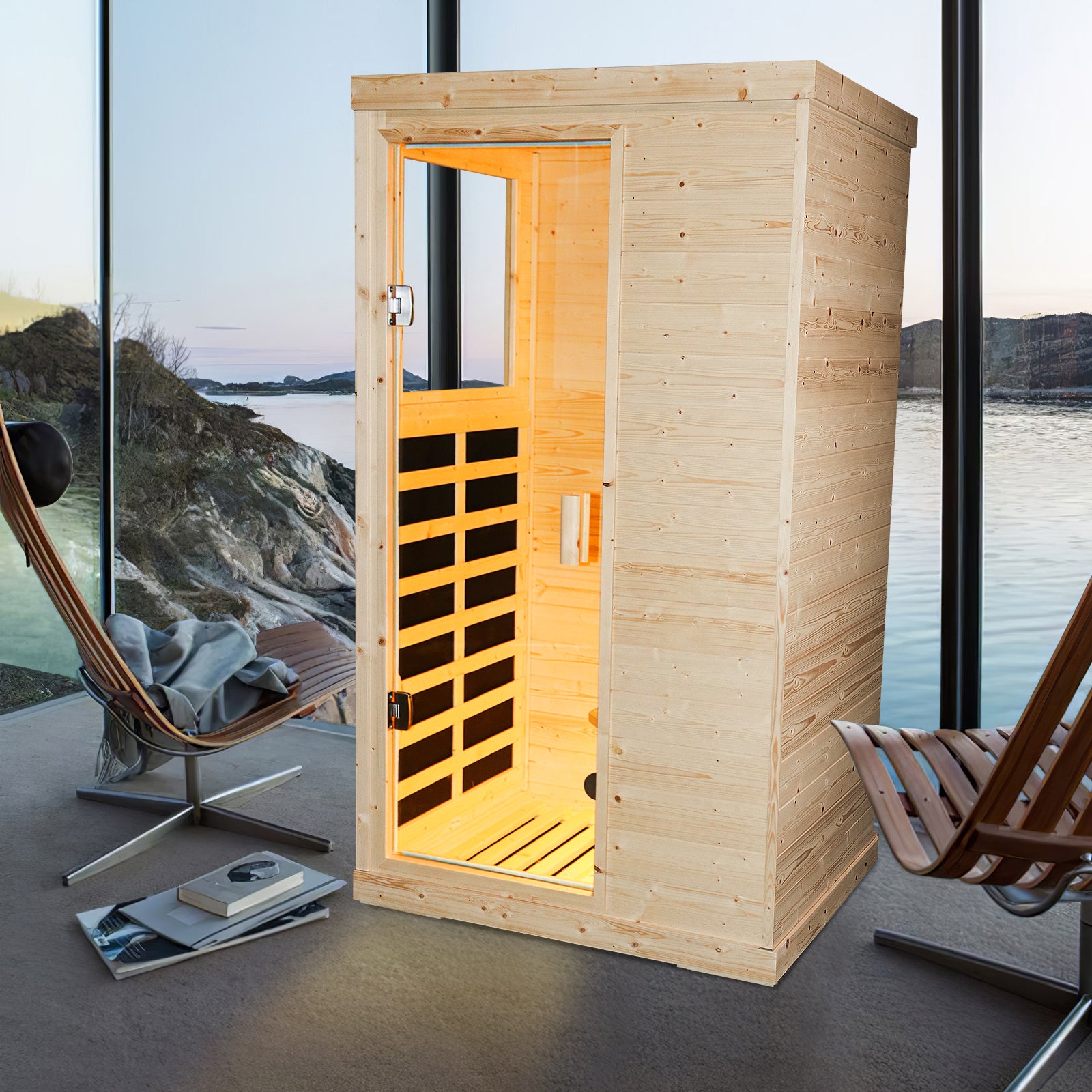 Single Person Spruce Far Infrared Sauna Hair Natural Wood Stainless Steel Glass