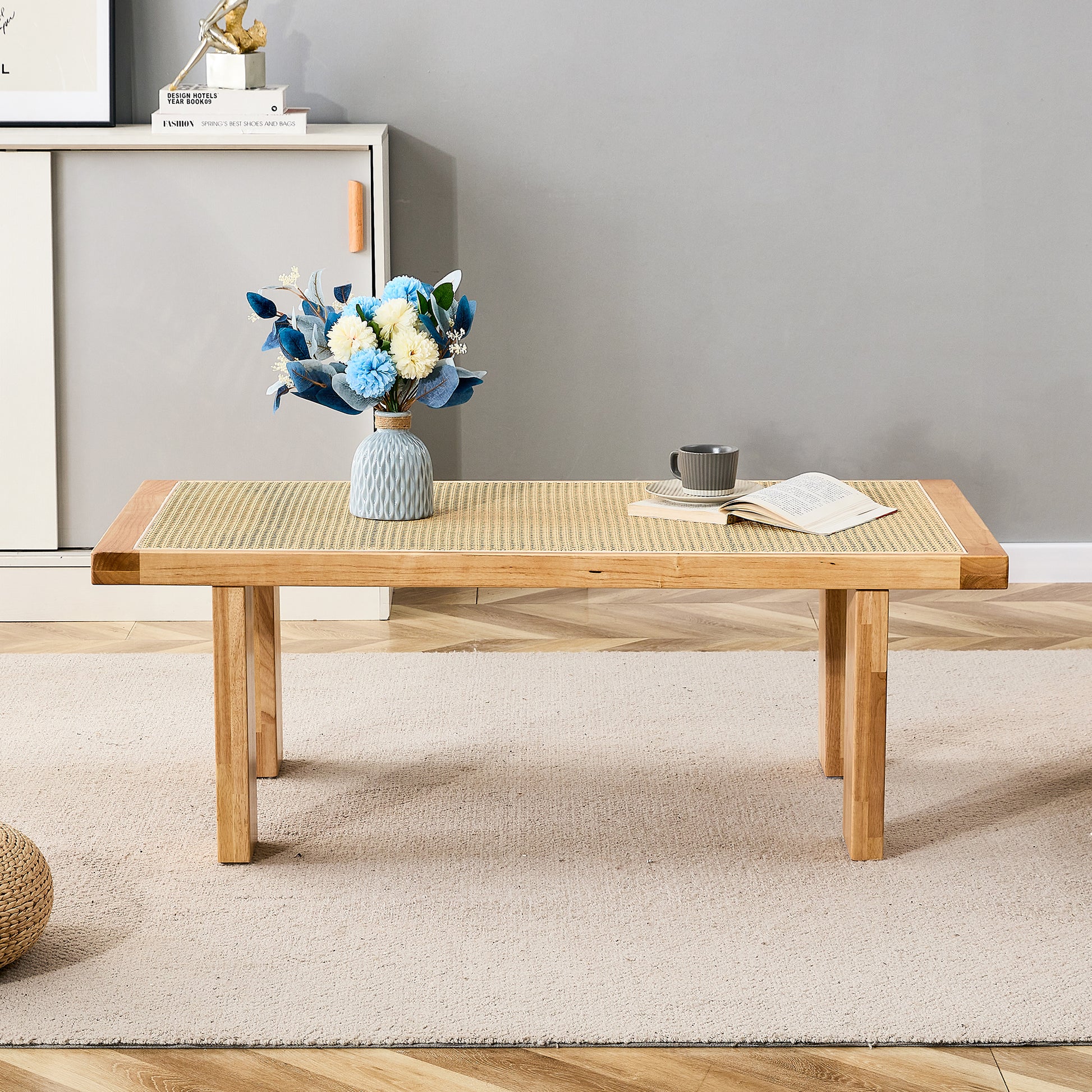 Modern And Minimalist Rectangular Rattan Tabletop With Rubber Wooden Legs, Imitation Rattan Woven Chinese Side Table, Suitable For Small Rectangular Tables In Living Rooms, Dining Rooms, And Bedrooms Natural Wood Solid Wood