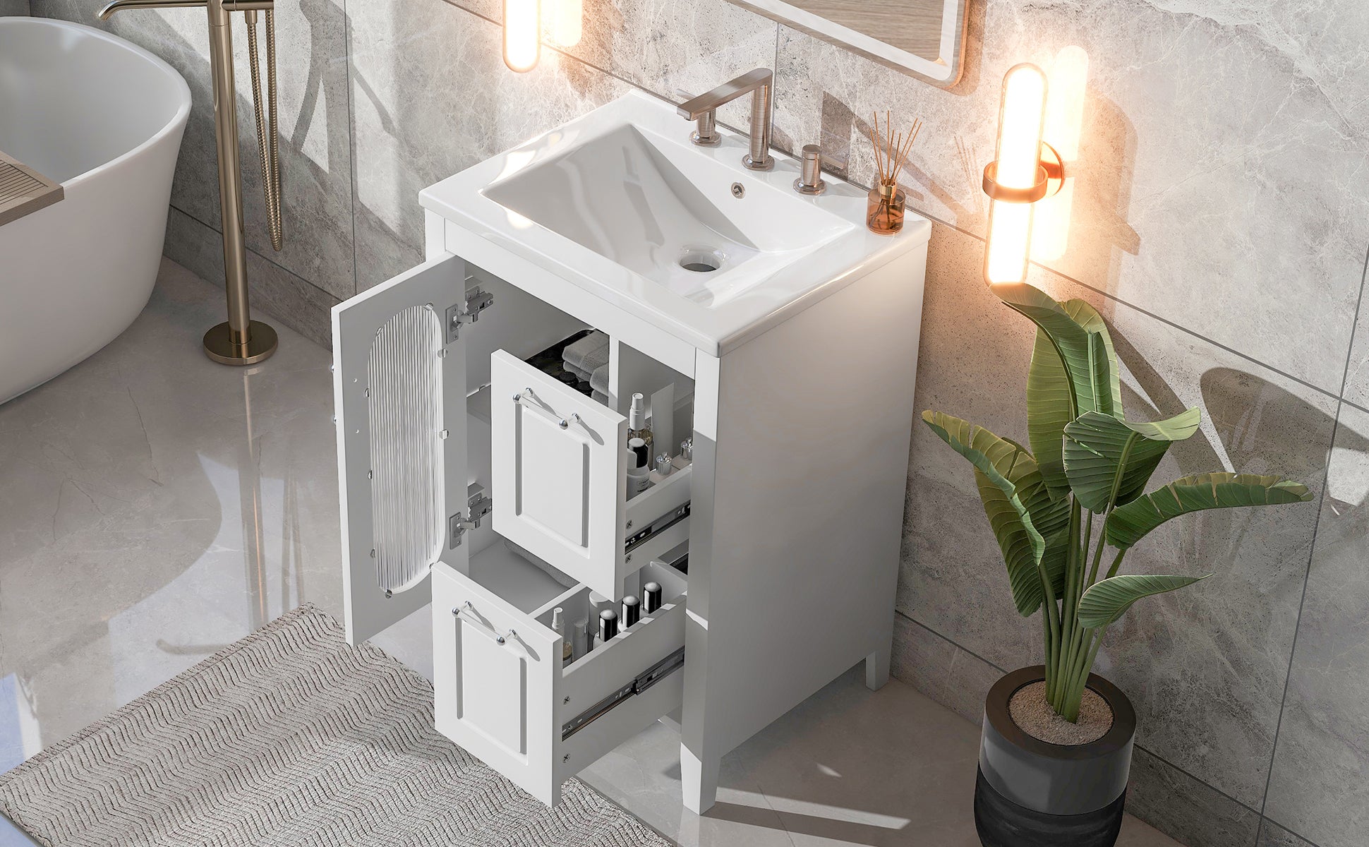 24" Bathroom Vanity With Sink, Bathroom Vanity Cabinet With Two Drawers And Door, Adjustable Shelf, Solid Wood And Mdf, White White Solid Wood Mdf