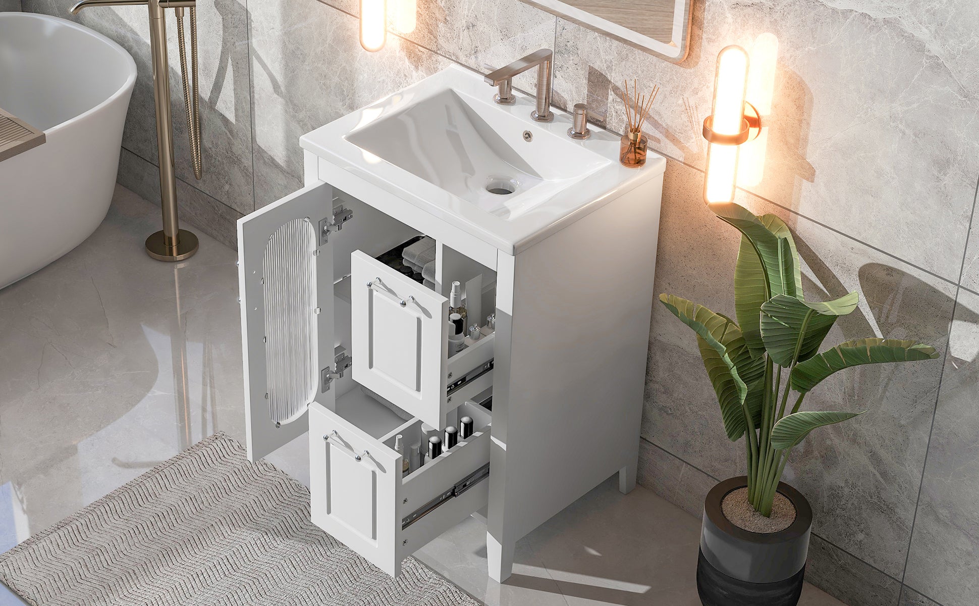 24" Bathroom Vanity With Sink, Bathroom Vanity Cabinet With Two Drawers And Door, Adjustable Shelf, Solid Wood And Mdf, White Old Sku:Wf309411Aak White Solid Wood Mdf