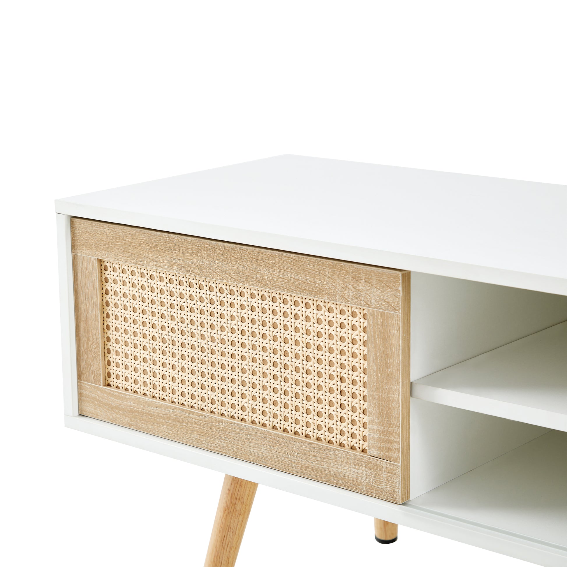 55.12" Rattan Tv Cabinet, Double Sliding Doors For Storage, Adjustable Shelf, Solid Wood Legs, Tv Console For Living Roomwhite White Solid Wood Mdf