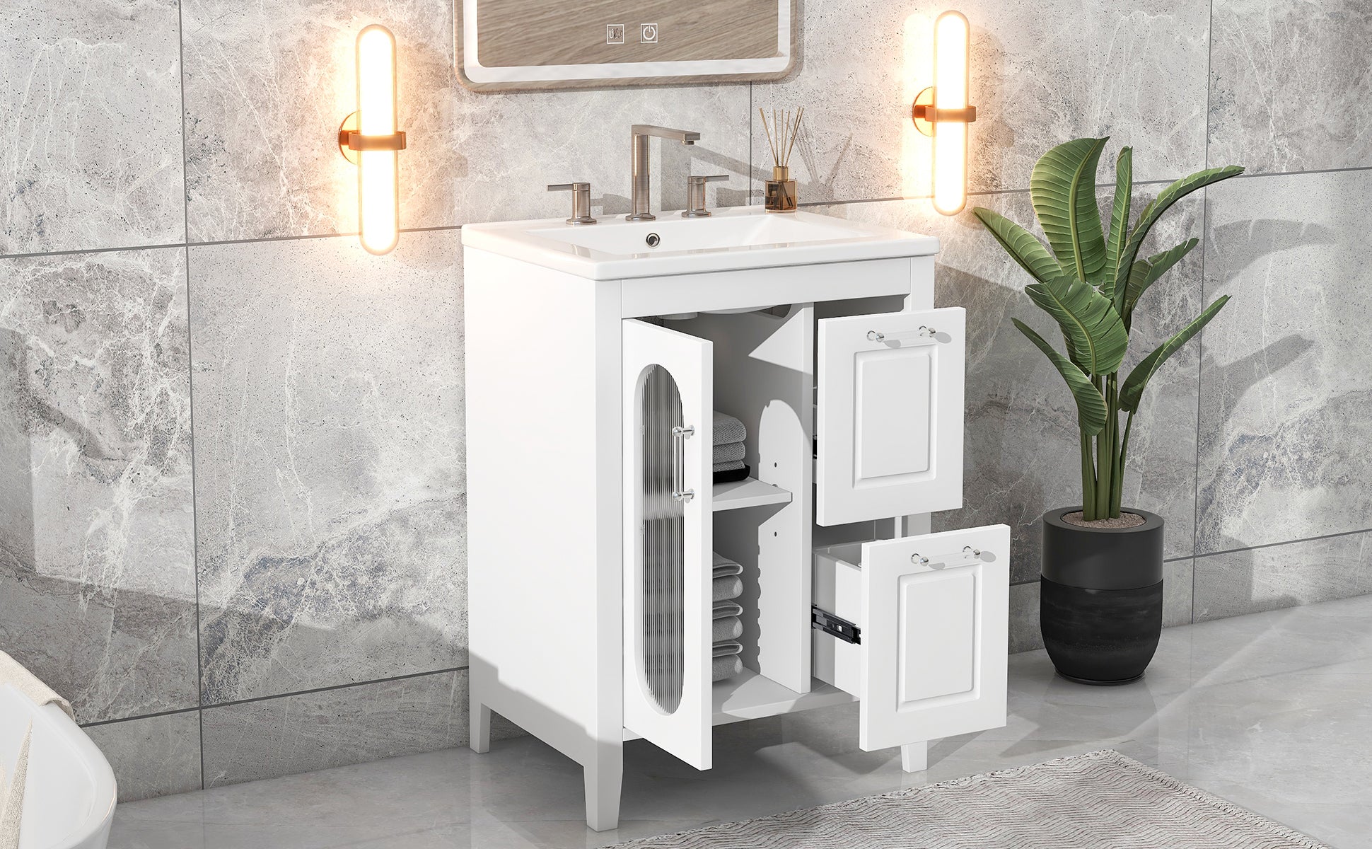 24" Bathroom Vanity With Sink, Bathroom Vanity Cabinet With Two Drawers And Door, Adjustable Shelf, Solid Wood And Mdf, White White Solid Wood Mdf