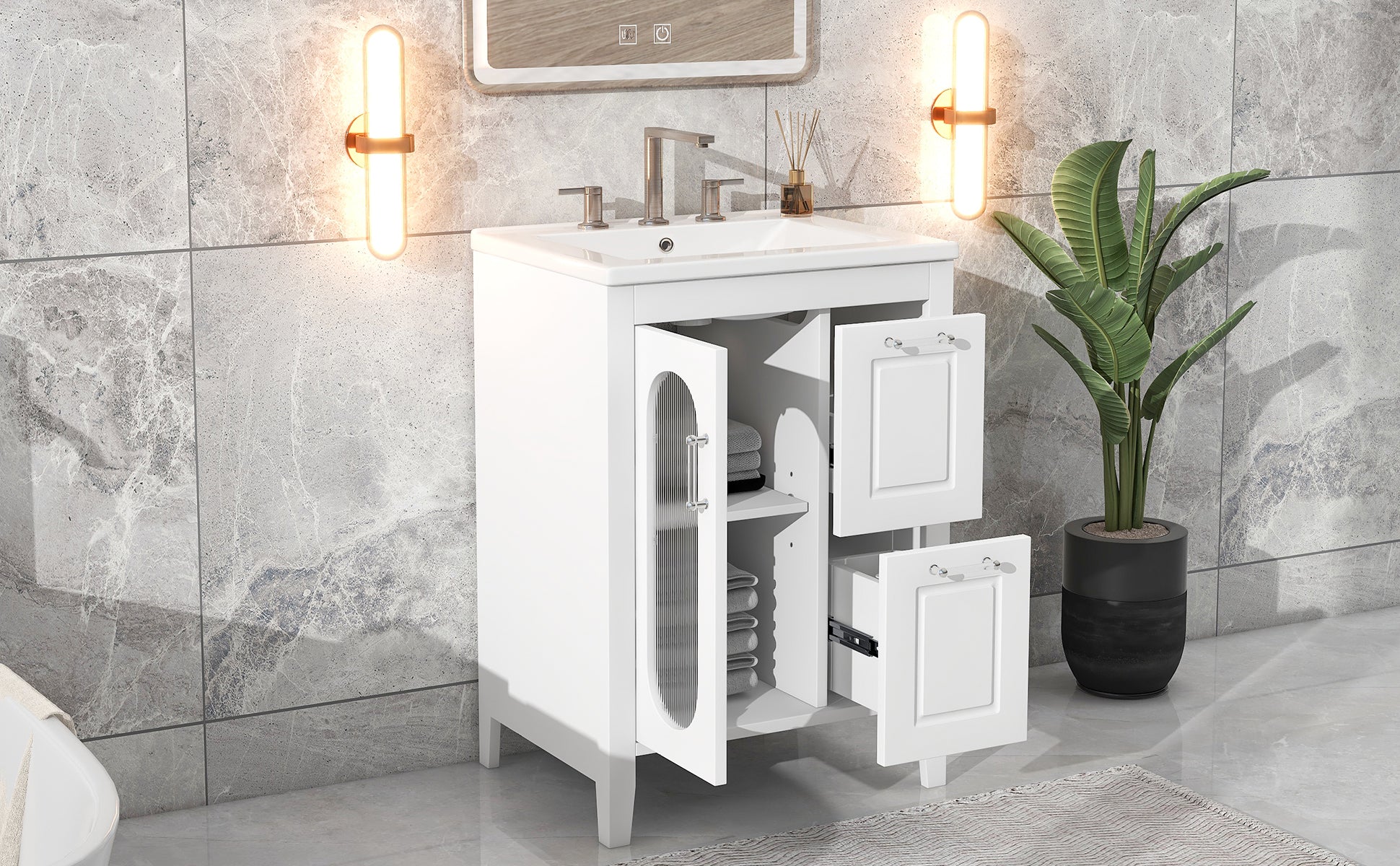 24" Bathroom Vanity With Sink, Bathroom Vanity Cabinet With Two Drawers And Door, Adjustable Shelf, Solid Wood And Mdf, White Old Sku:Wf309411Aak White Solid Wood Mdf
