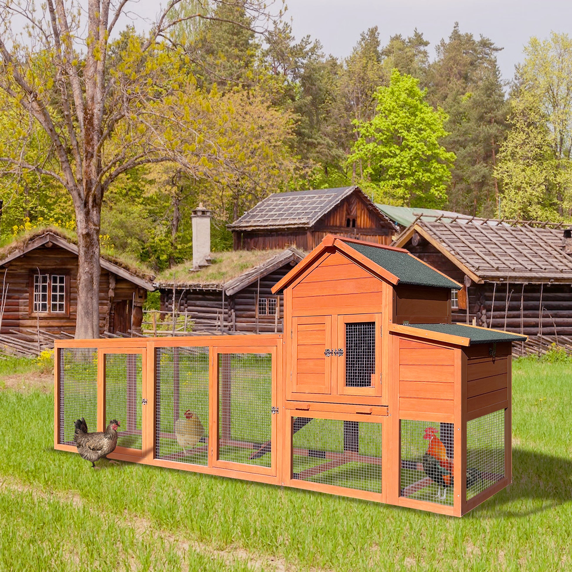 122 Large Wooden Chicken Coop, Hen House With Nest Box ,Wire Fence Poultry Cage Natural Wood