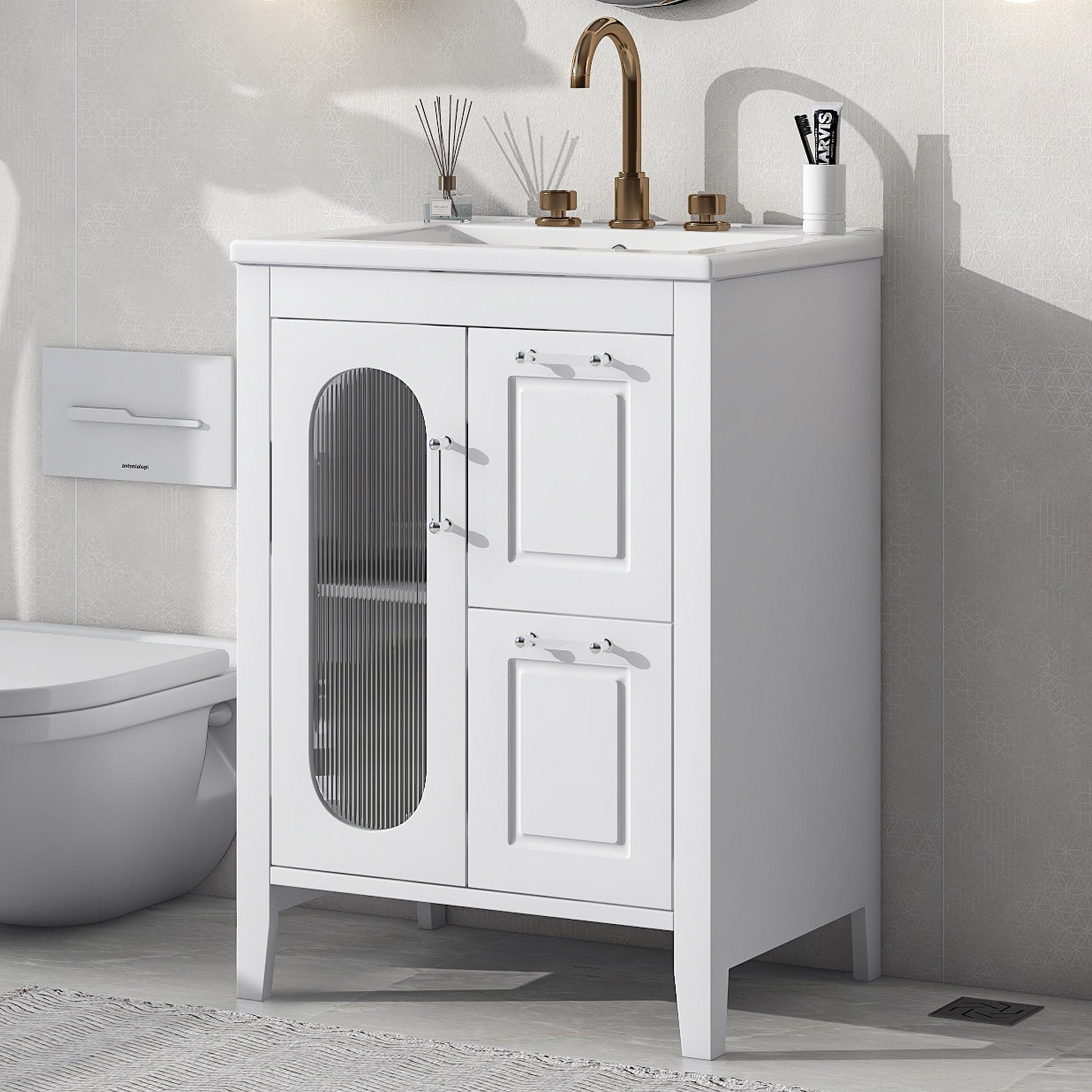 24" Bathroom Vanity With Sink, Bathroom Vanity Cabinet With Two Drawers And Door, Adjustable Shelf, Solid Wood And Mdf, White White Solid Wood Mdf