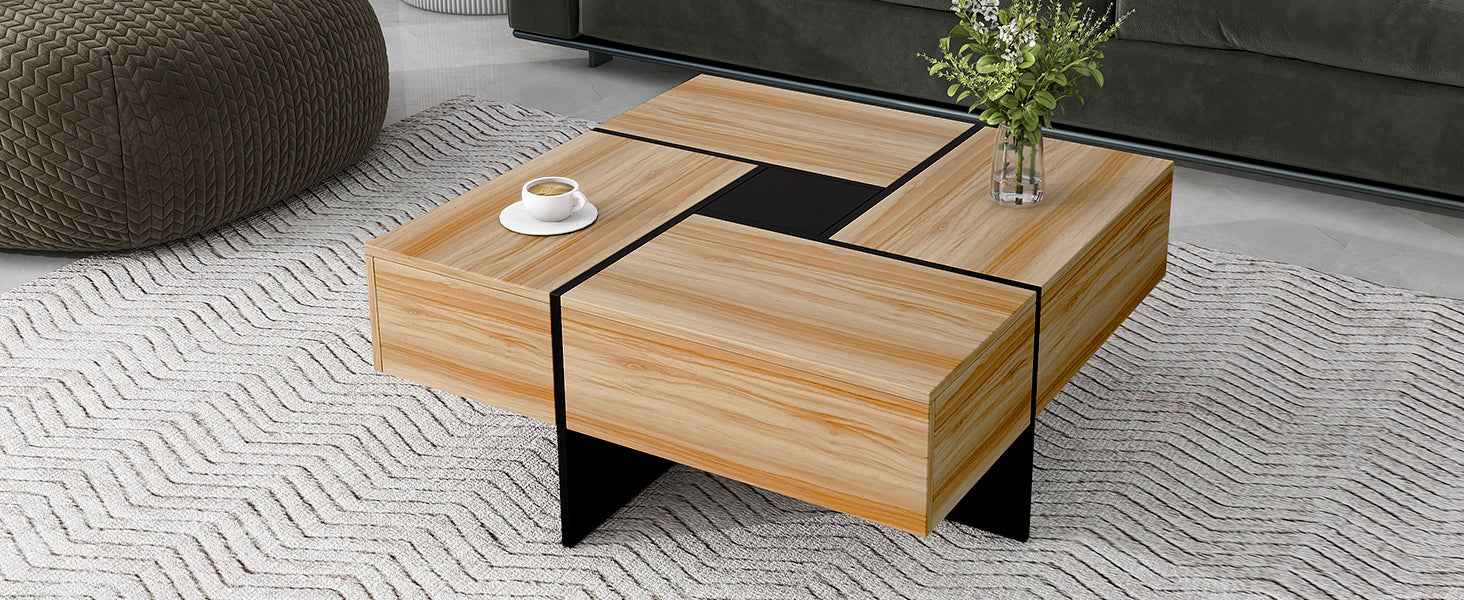 Unique Design Coffee Table With 4 Hidden Storage Compartments, Square Cocktail Table With Extendable Sliding Tabletop, Uv High Gloss Design Center Table For Living Room, 31.5"X 31.5" Brown Soft Close Drawers Primary Living Space Freestanding Square