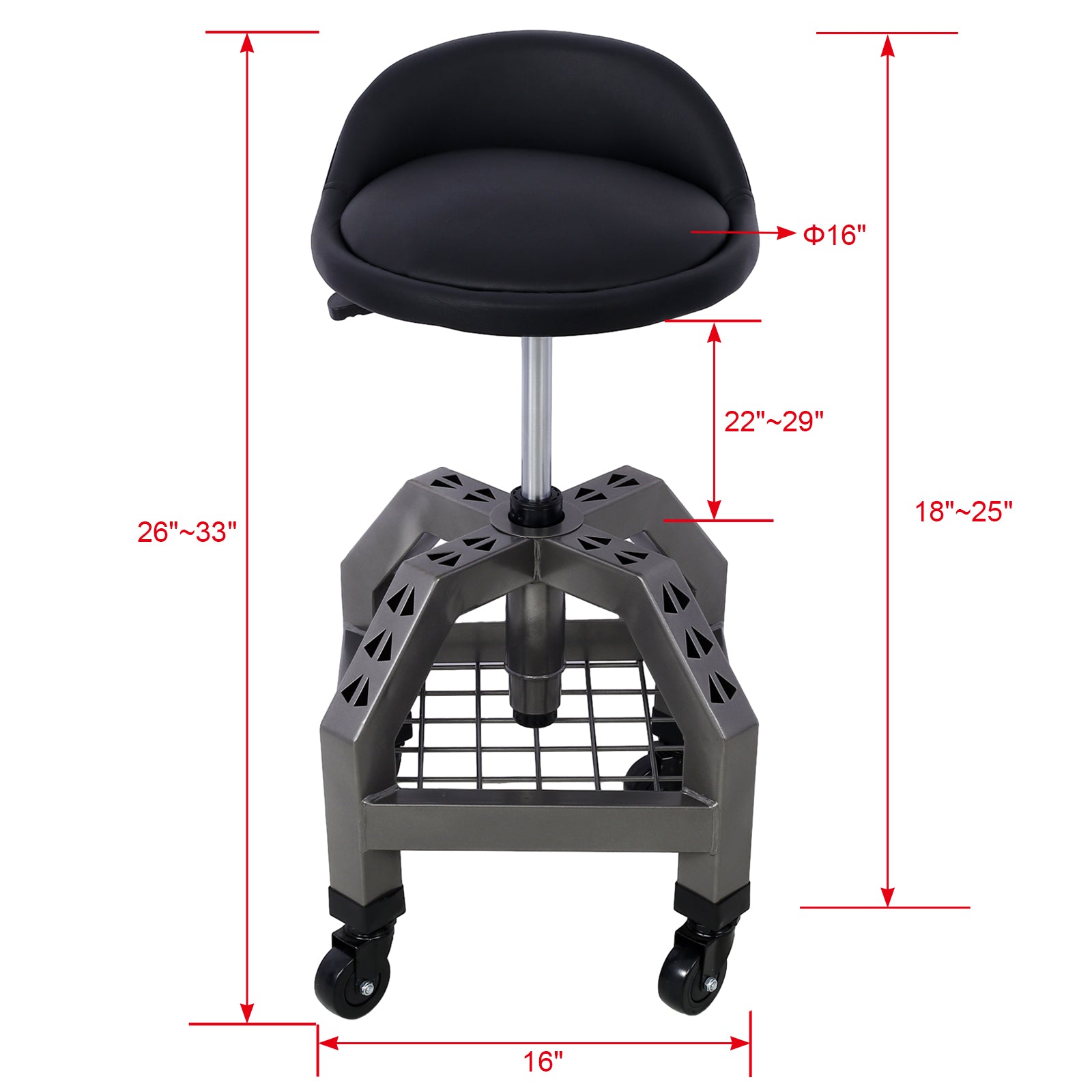 Pneumatic 360 Degree Swivel Stool, Mechanics Rolling Creeper Seat, Heavy Duty Rolling Mechanics Stool, Shop Stool With Casters Gray Gray Steel