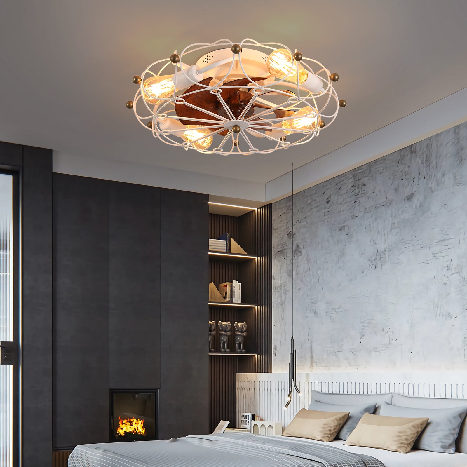 Low Profile Caged Ceiling Fan With Lights Remote Control, Embedded Modern Industrial Ceiling Fan White Modern Abs