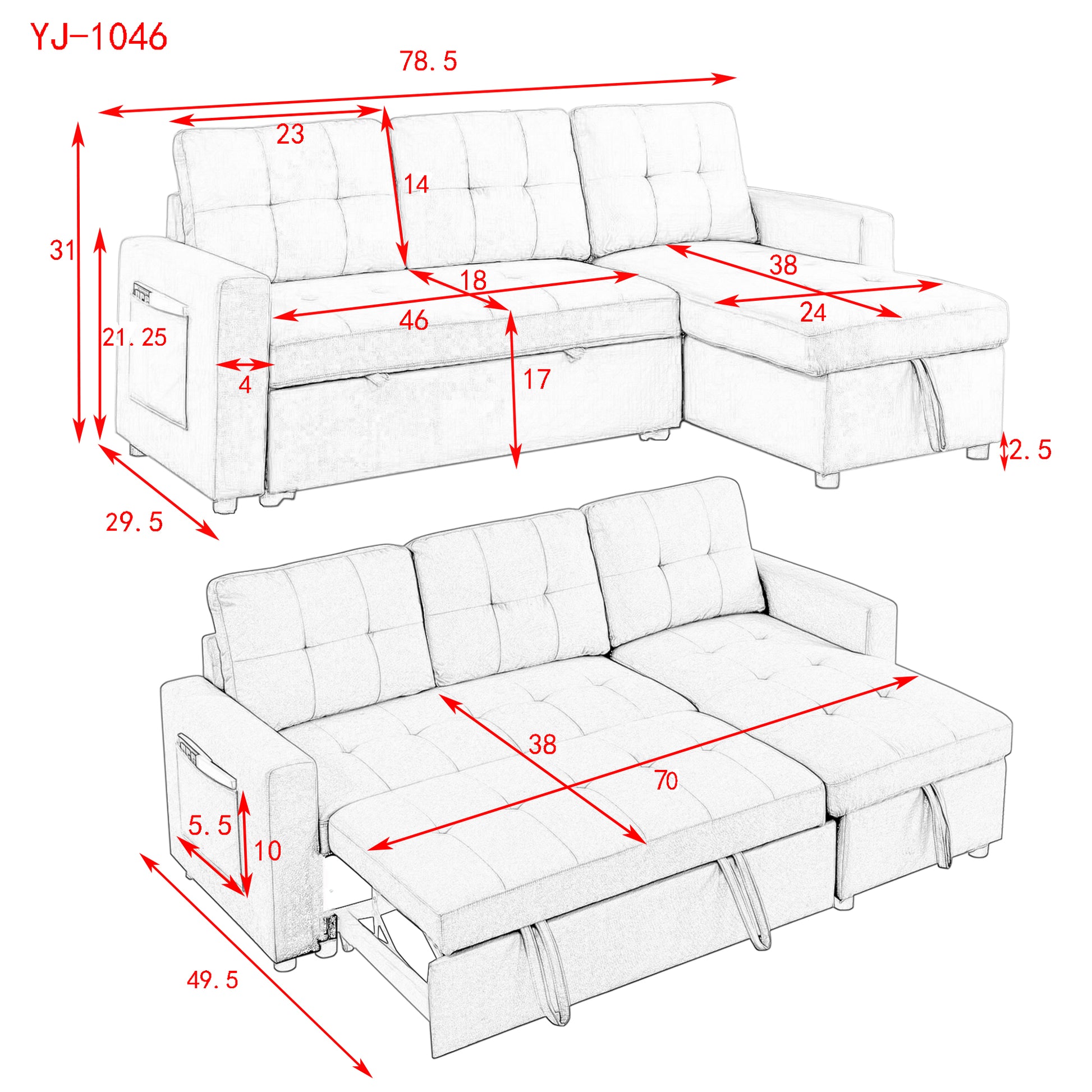 Mh 78.5" Sleeper Sofa Bed Reversible Sectional Couch With Storage Chaise And Side Storage Bag For Small Space Living Room Furniture Set Grey Primary Living Space Eucalyptus Polyester Fabric