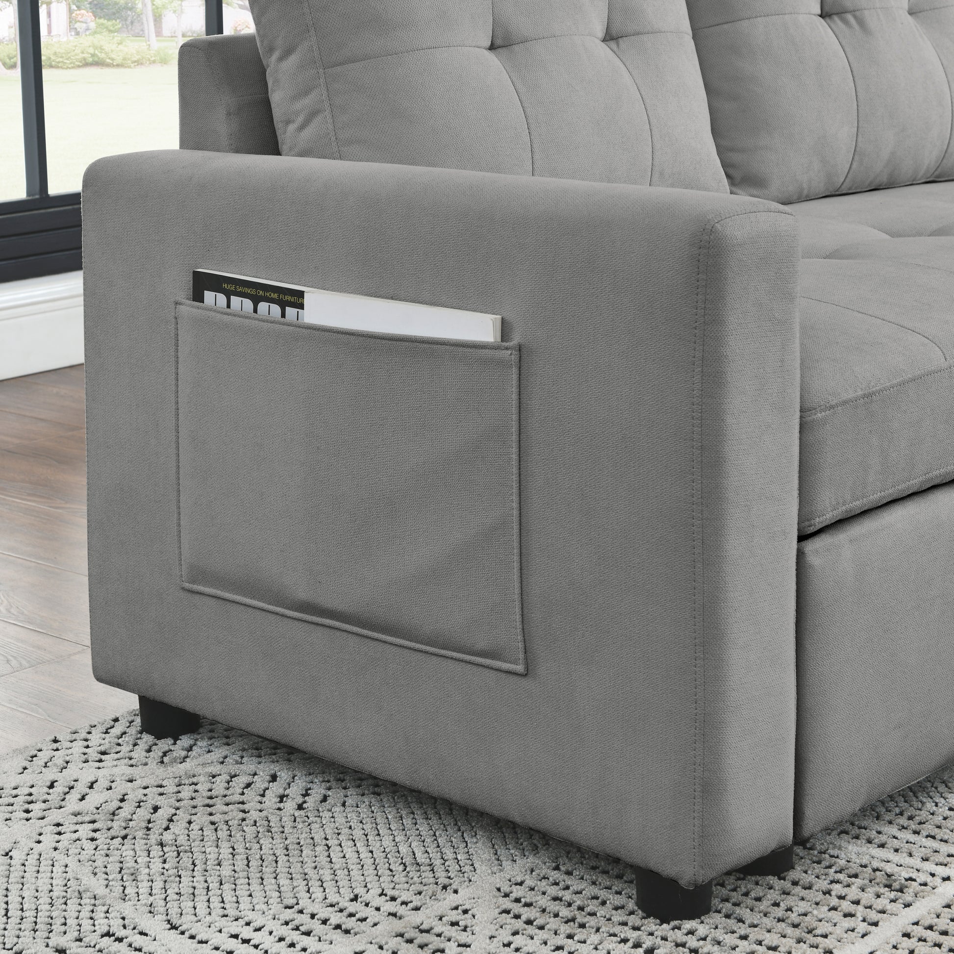 Mh 78.5" Sleeper Sofa Bed Reversible Sectional Couch With Storage Chaise And Side Storage Bag For Small Space Living Room Furniture Set Grey Primary Living Space Eucalyptus Polyester Fabric