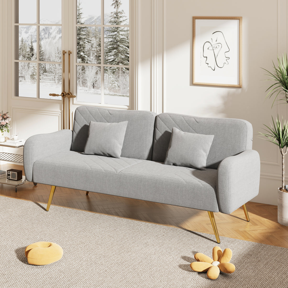 70.47" Gray Fabric Double Sofa With Split Backrest And Two Throw Pillows,Suitable For Living Room, Apartment, Home Office Grey Wood Primary Living Space Eucalyptus Square Arms Foam Fabric 2 Seat