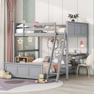 Full Over Full Bunk Bed With Desk, Gray Gray Solid Wood Mdf