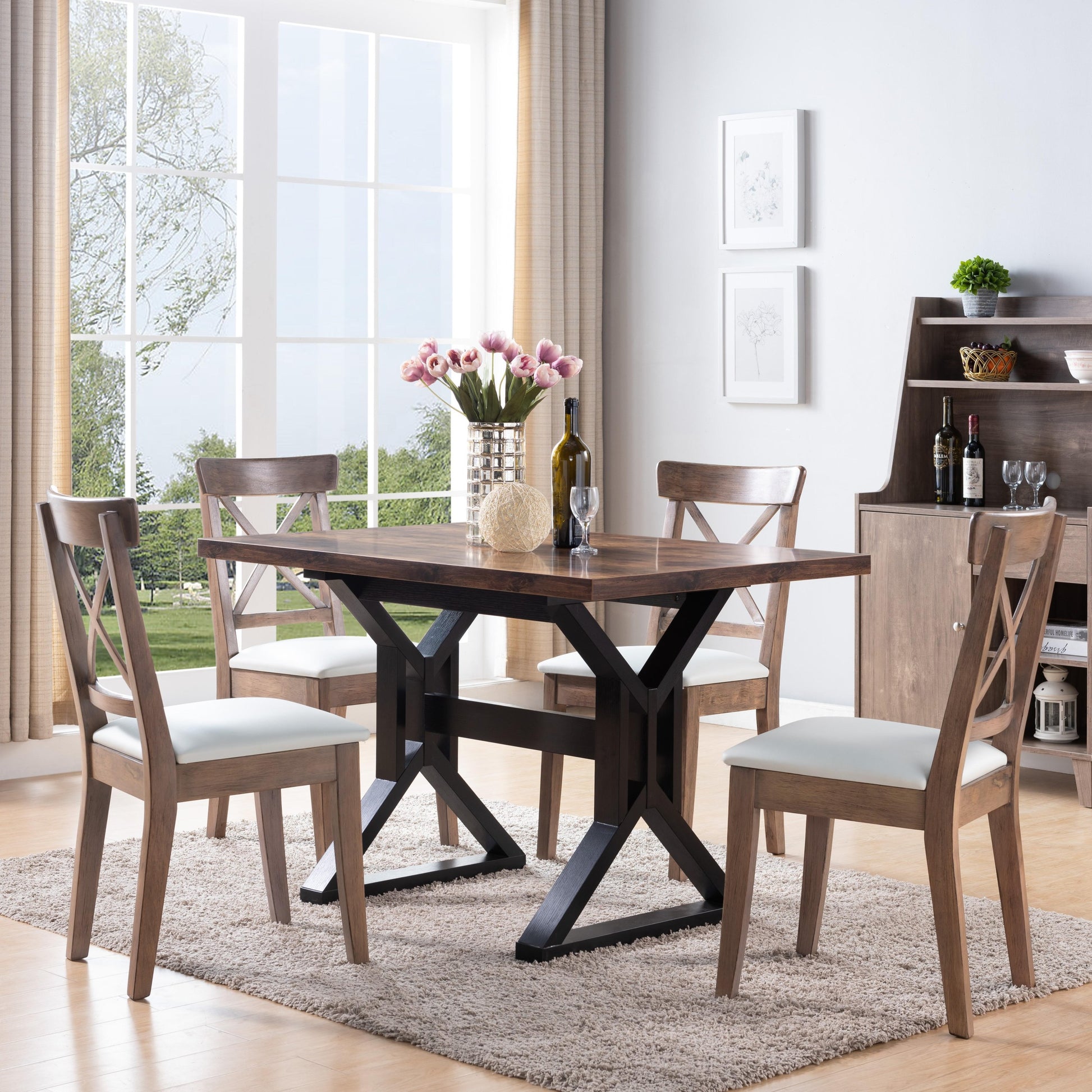 Mid Century, Modern Dining Table With Metal Frame In Distressed Wood & Black Rustic Brown Particle Board