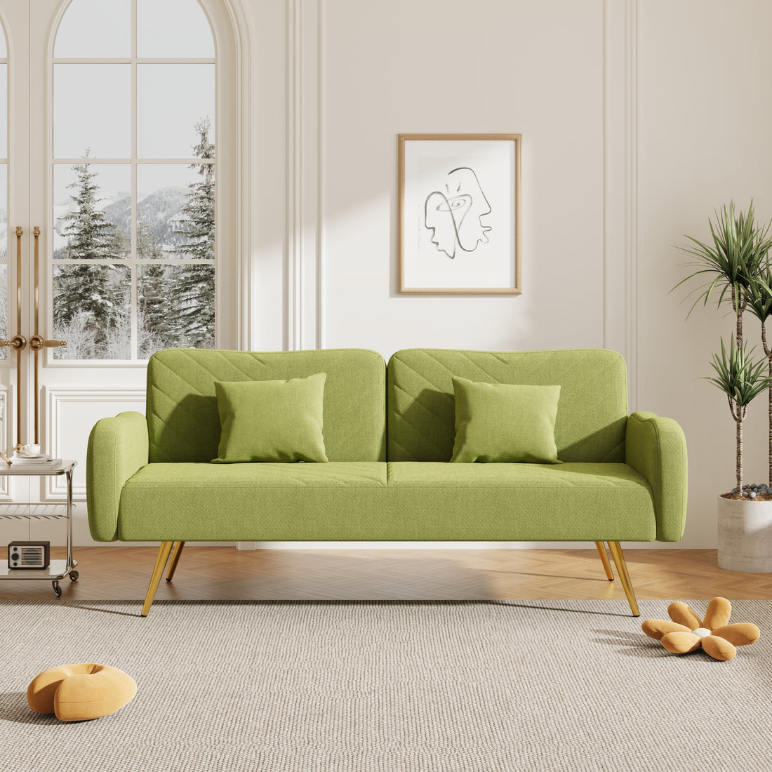 70.47" Green Fabric Double Sofa With Split Backrest And Two Throw Pillows,Suitable For Living Room, Apartment, Home Office Green Wood Primary Living Space Eucalyptus Square Arms Foam Fabric 2 Seat