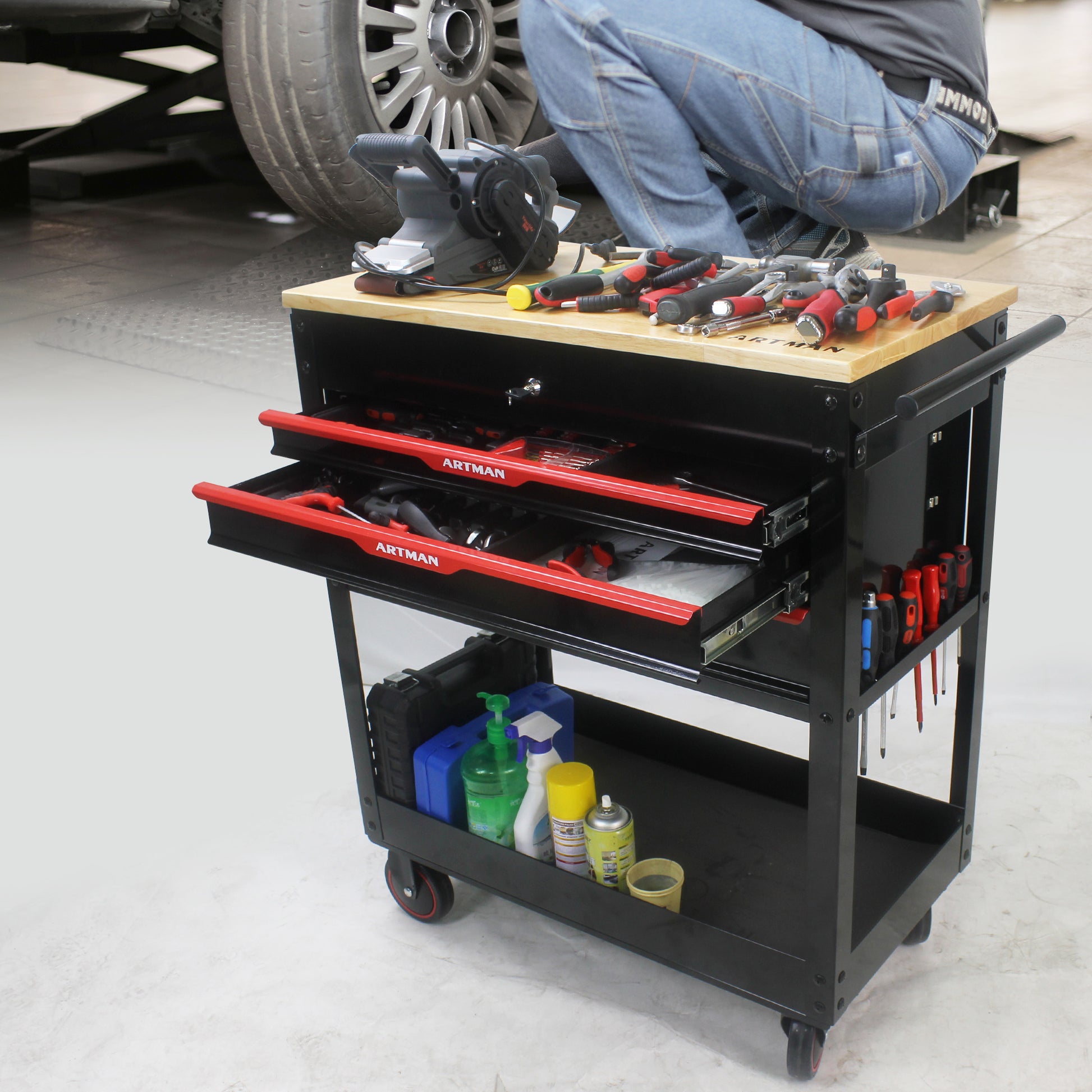 3 Drawers Multifunctional Tool Cart With Wheels And Wooden Top Black Red Metal